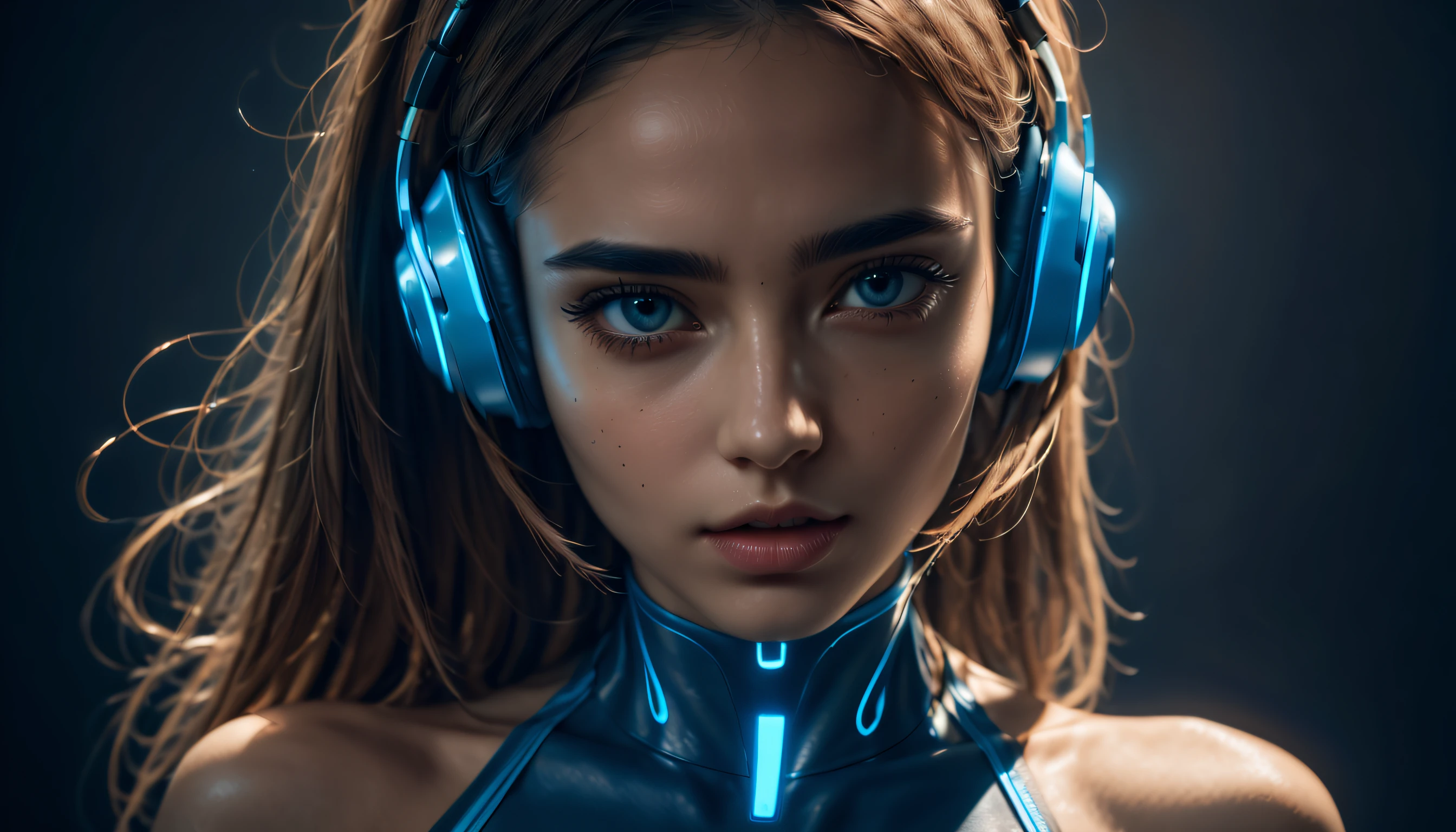 Chica con cabello largo y azul, ojos azules, Vibraciones futuristas, mask in the mouth, auriculares, 8k, alta calidad, Fondo simple, ojos brillantes, Buena pose