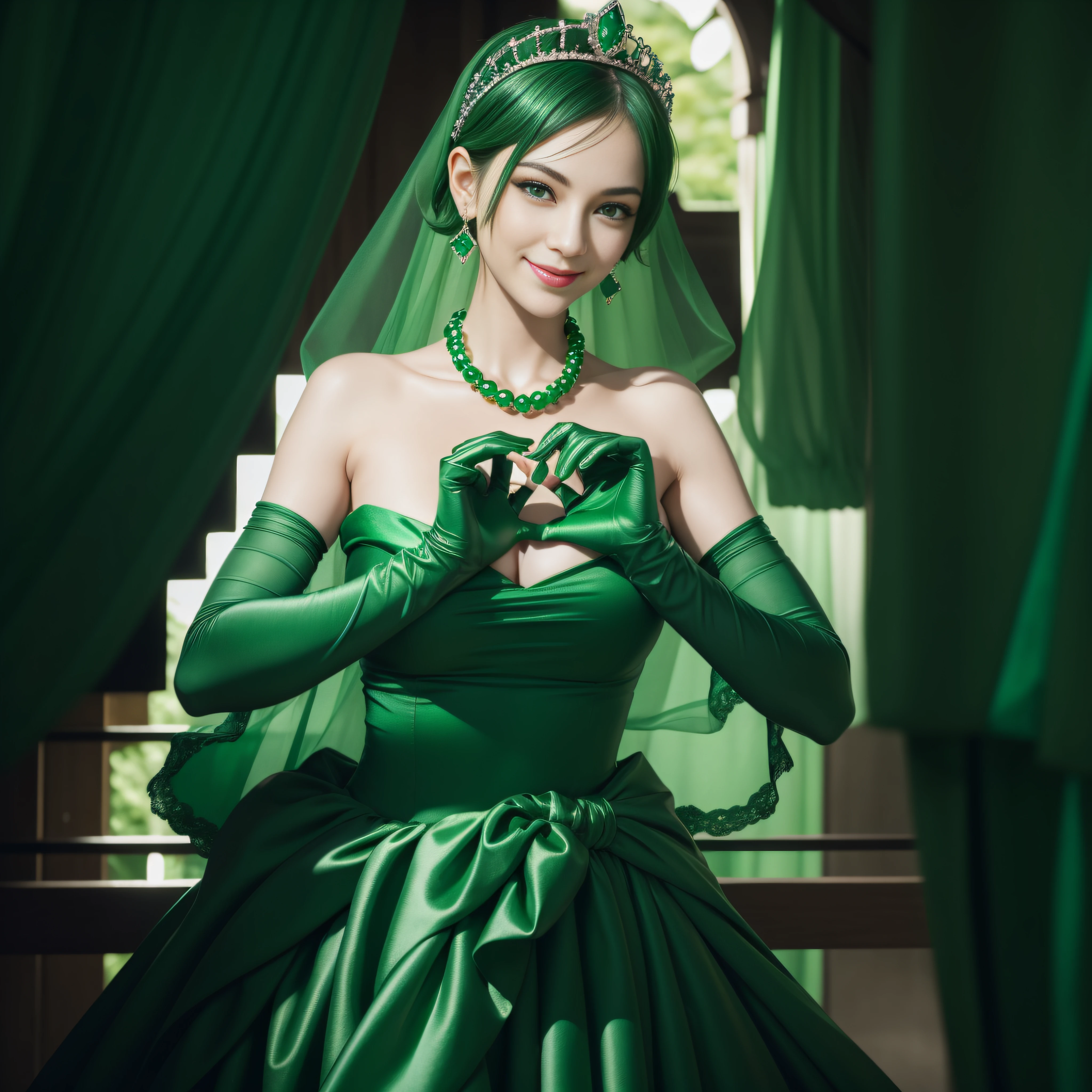 emerald tiara, Green Pearl Necklace, Boyish very short green hair, lipsticks, Japan woman smiling, very short short hair,  big breasts beautiful, Green eyes, Long green gloves made of satin material, Green eyes, Emerald Earrings, green vale, Heart with both hands