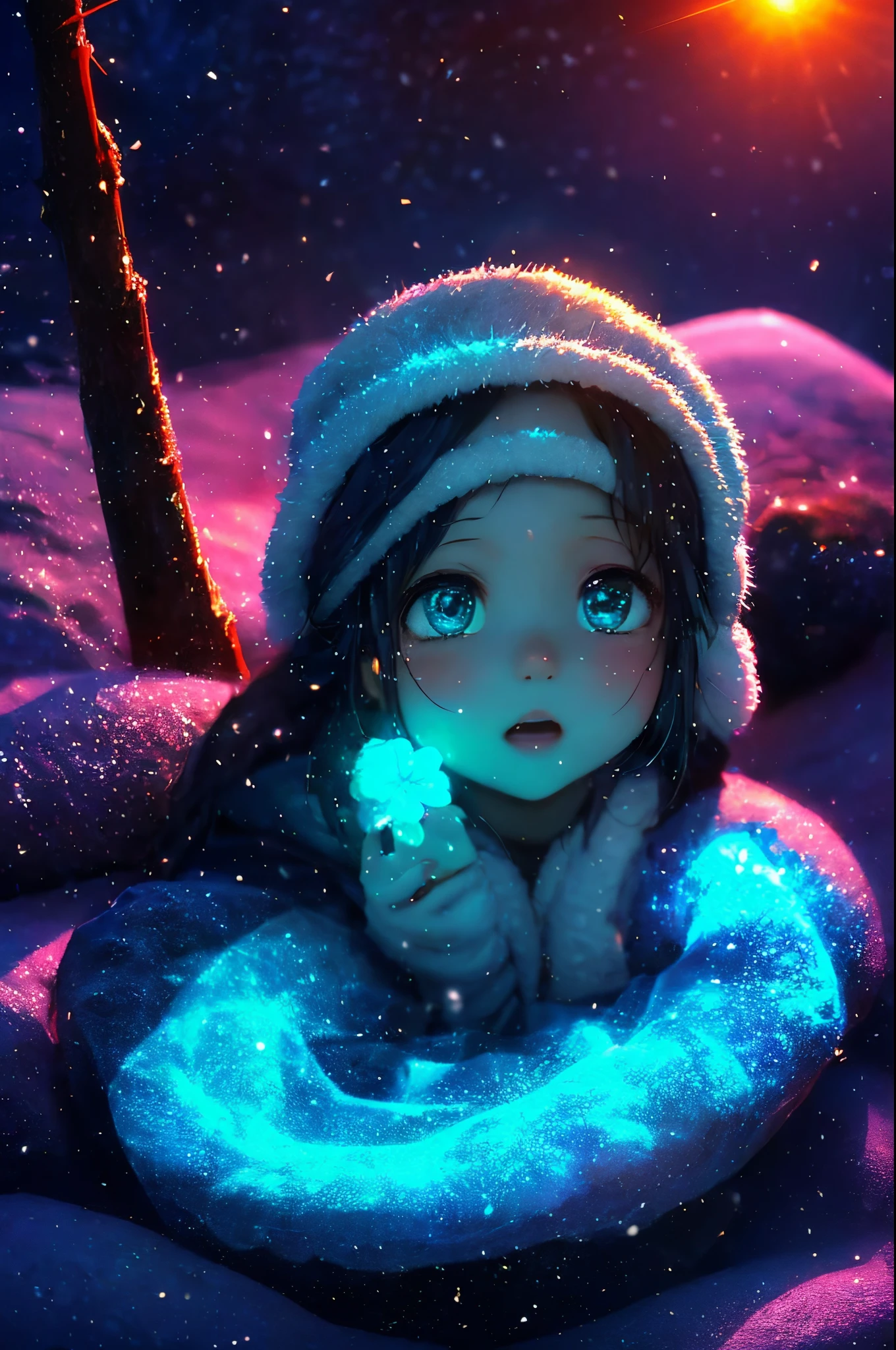 5-year-old girl happily builds snowman,snowflower,at winter season,Thick snow,footprints,Colorful,the setting sun,style of disney animation,disney animated movie style,((Best quality)), ((tmasterpiece)), Enhanced dynamic viewing angle,,flowers blooming,Cottage in the woods,glowing effect,ultra - detailed,Works of masters,high high quality,8K分辨率,depth of fields,电影灯光,epic shooting,high high quality,ultra - detailed,Detailed pubic hair,Accurate,电影灯光