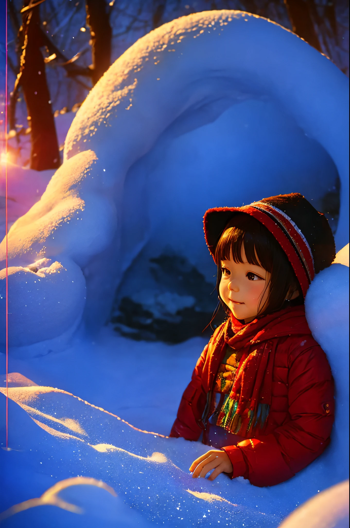 5--old l happily builds snowman,snowflower,at winter season,Thick snow,footprints,Colorful,the setting sun,style of disney animation,disney animated movie style,((Best quality)), ((tmasterpiece)), Enhanced dynamic viewing angle,,flowers blooming,Cottage in the woods,glowing effect,ultra - detailed,Works of masters,high high quality,8K分辨率,depth of fields,电影灯光,epic shooting,high high quality,ultra - detailed,Detailed pubic hair,Accurate,电影灯光
