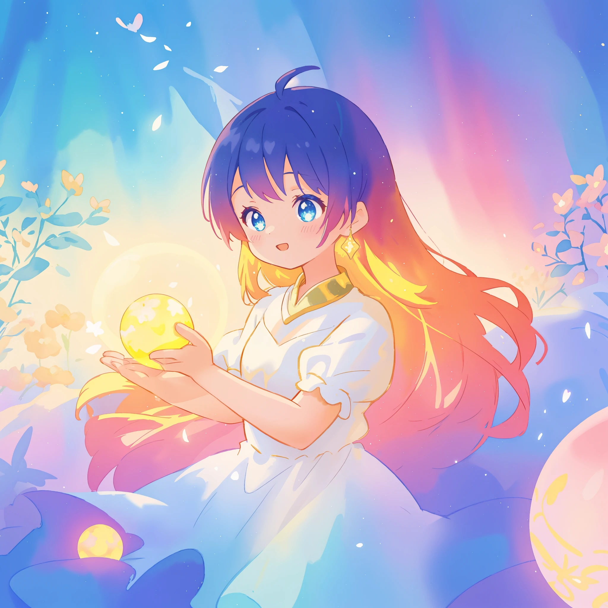 beautiful girl in sparkling white dress holding a glowing gold orb, glowing ballgown, long colorful hair, colorful fantasia background, watercolor illustration, disney art style, glowing aura around her, glowing lights, beautiful digital illustration, fantasia otherworldly landscape plants flowers, beautiful, masterpiece, best quality, anime disney style