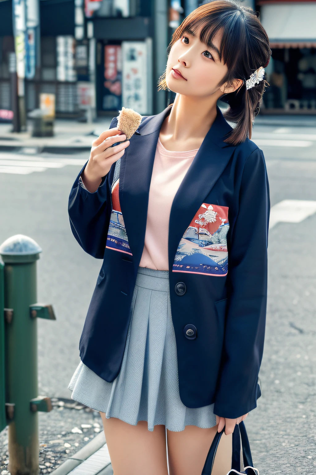 (masterpiece、high-level image quality、hightquality)、(Beautiful realistic Japan woman:1.5、Cool and cute:1.5)、Colossal tits、long sleeved shirt、skirt by the、A lonely city、silence、empty wind、garbage flying around、