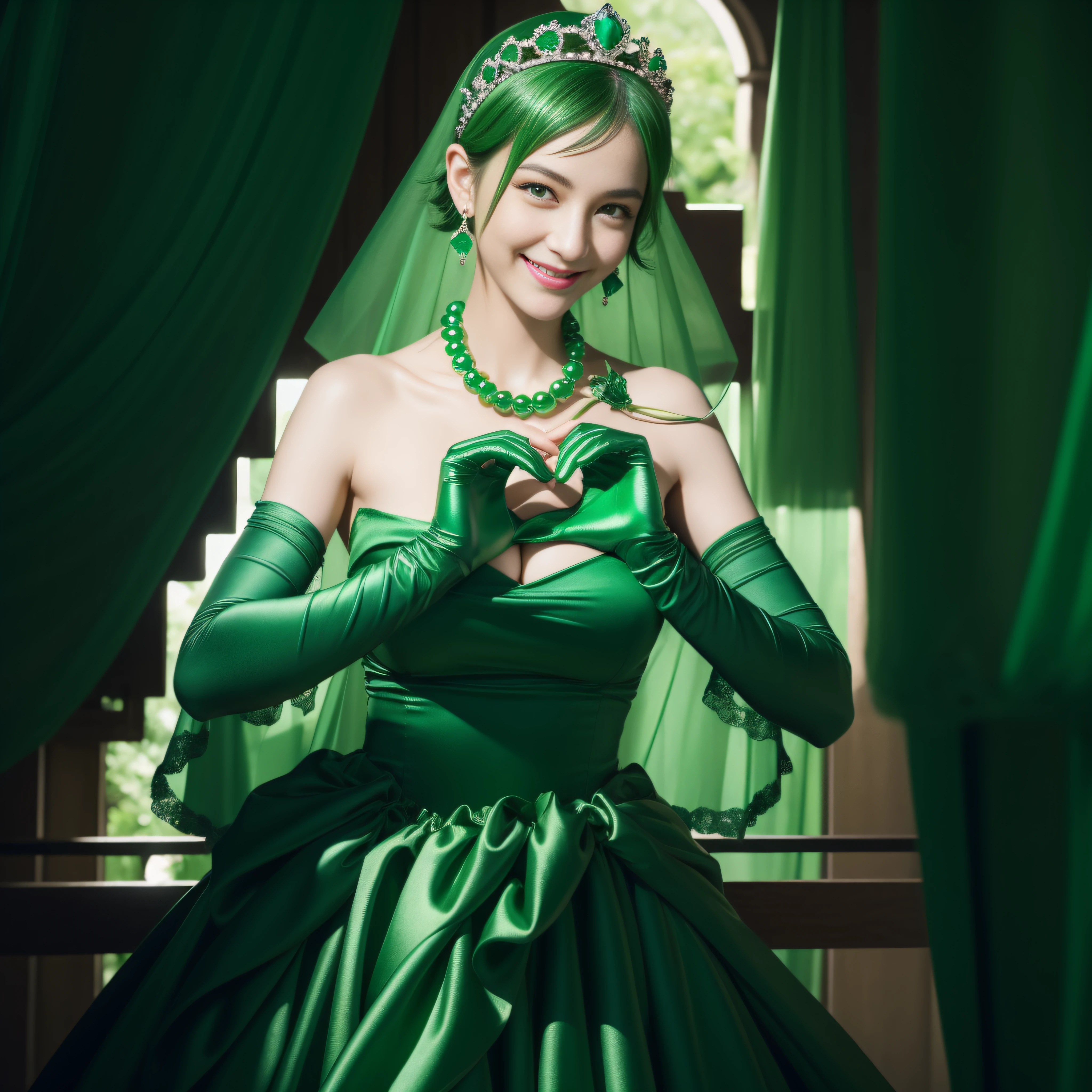 emerald tiara, Green Pearl Necklace, Boyish very short green hair, lipsticks, Japan woman smiling, very short short hair, big breasts beautiful, Green eyes, Long green gloves made of satin material, Green eyes, Emerald Earrings, green vale, Heart with both hands