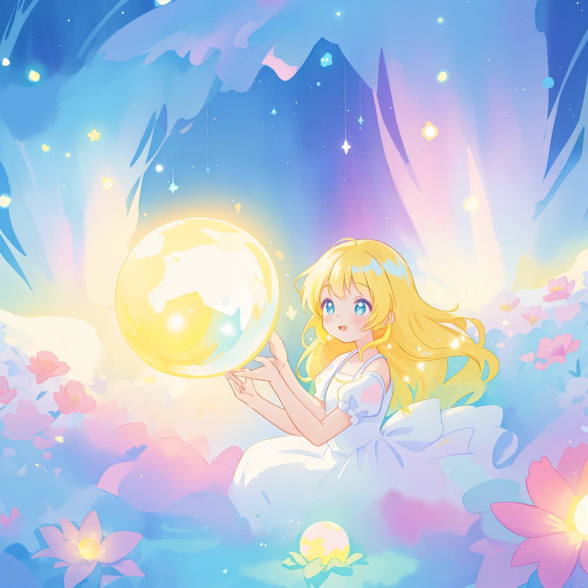 beautiful girl in sparkling white dress holding a glowing gold orb, glowing ballgown, long colorful hair, colorful fantasia background, watercolor illustration, disney art style, glowing aura around her, glowing lights, beautiful digital illustration, fantasia otherworldly landscape plants flowers, beautiful, masterpiece, best quality, anime disney style