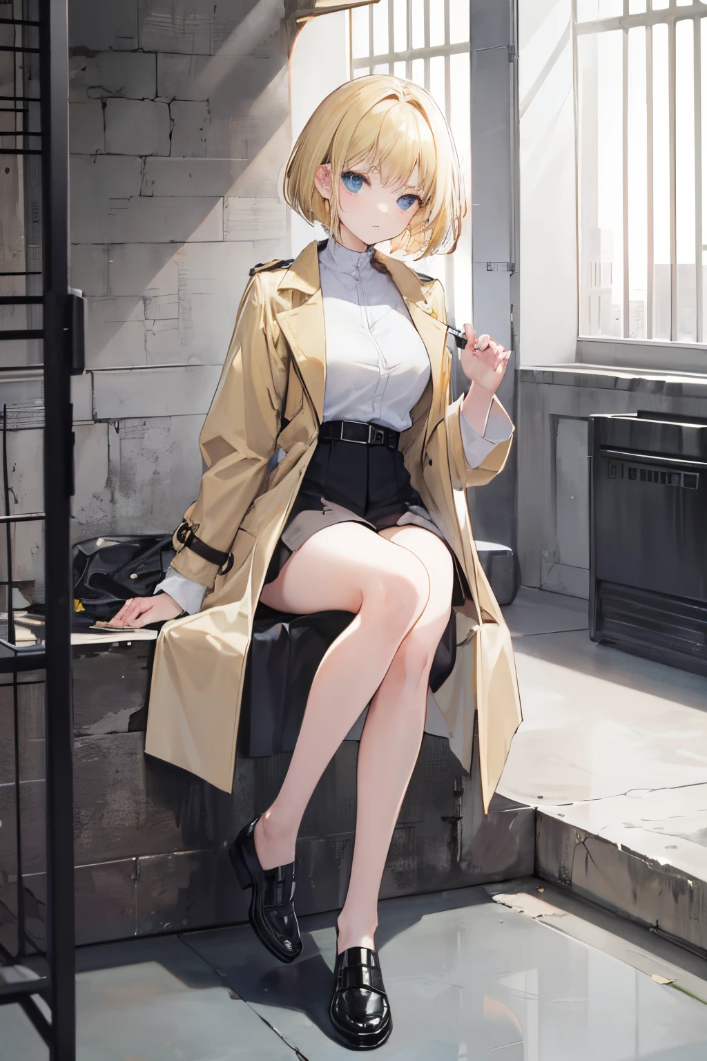 Masterpiece, 1 girl, solo, short blond hair, trench coat, sitting crossed legged, chillerism