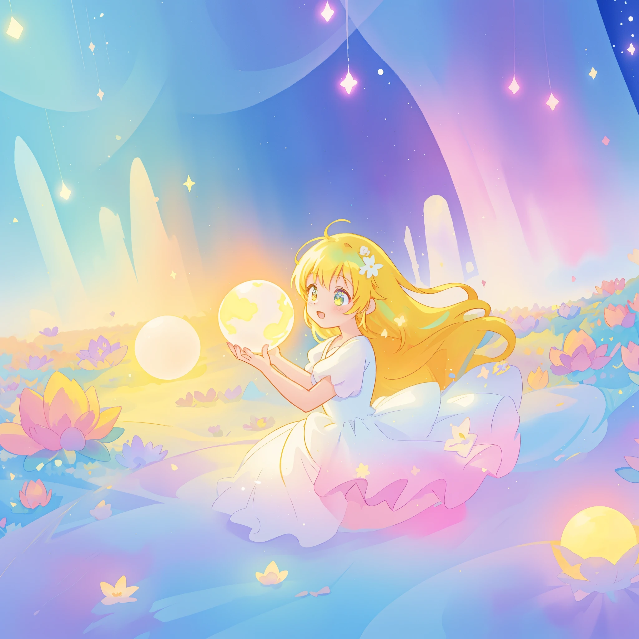 beautiful girl in sparkling white dress holding a glowing gold orb, glowing ballgown, long colorful hair, colorful fantasia background, watercolor illustration, disney art style, glowing aura around her, glowing lights, beautiful digital illustration, fantasia otherworldly landscape plants flowers, beautiful, masterpiece, best quality, anime disney style