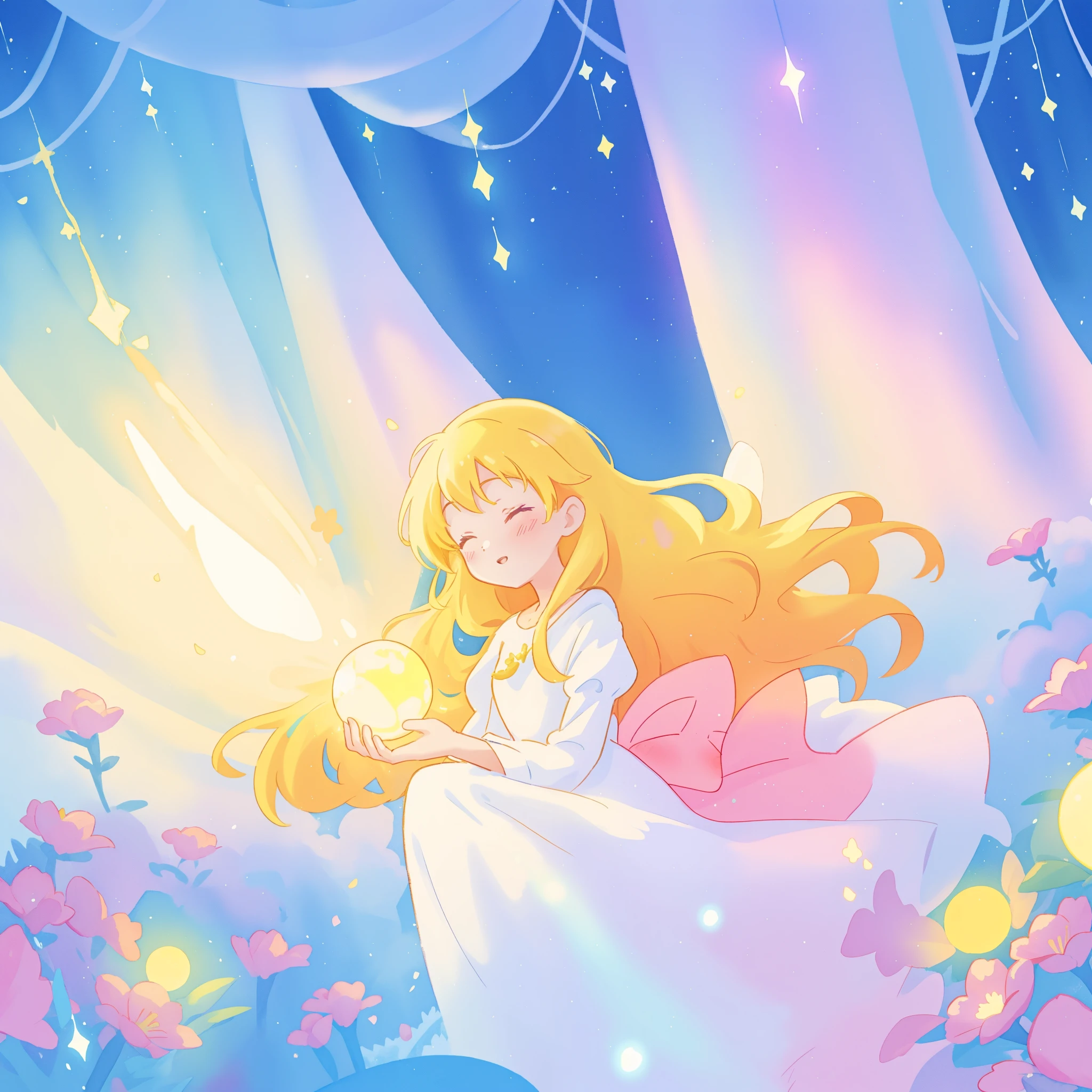 beautiful girl in sparkling white dress holding a glowing gold orb, glowing ballgown, long colorful hair, colorful fantasia background, watercolor illustration, disney art style, glowing aura around her, glowing lights, beautiful digital illustration, fantasia otherworldly landscape plants flowers, beautiful, masterpiece, best quality, anime disney style