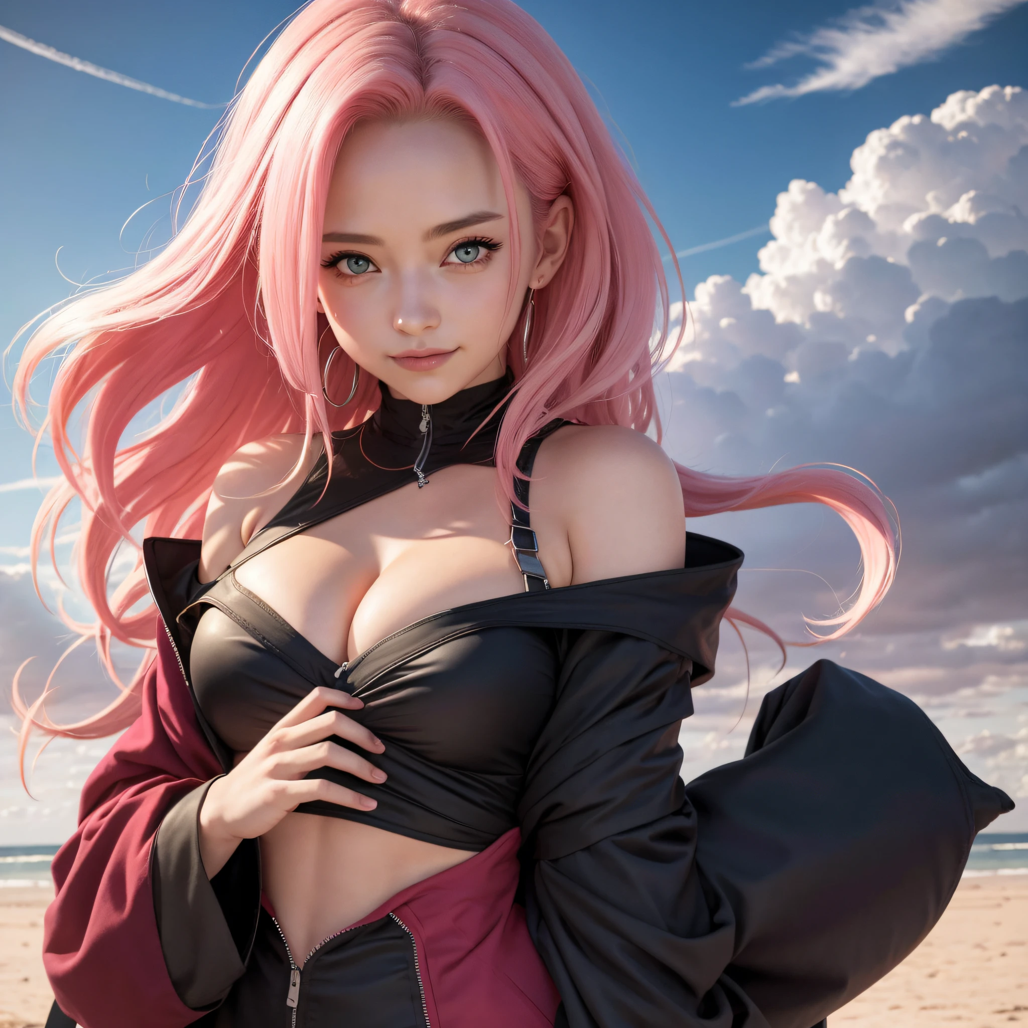 tmasterpiece, Best quality at best, 1girll,Solo, Sakura Haruno, Large breasts,Off-the-shoulder attire,(cleavage),(upperbody closeup),Raised sexy,is shy,with pink hair, long whitr hair, (greene eyes:1.3), Forehead protection, ssmile, blue-sky, Clouds, Hidden village,barechested,