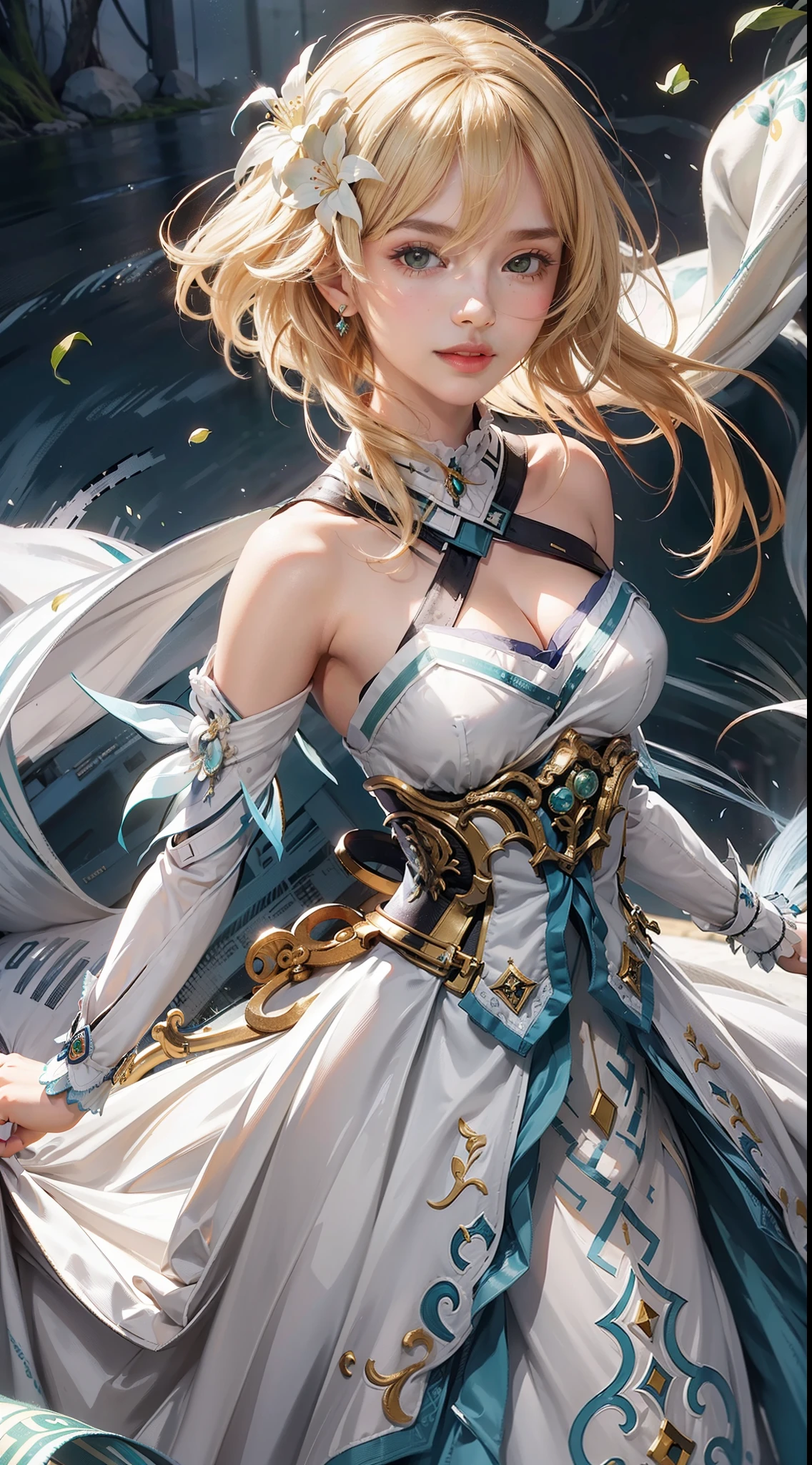(masterpiece, Highest quality:1.2), one person's, alone,Bony body、5 years old、ferry, ((Long Hair)), ferryBase, ((Knee socks)), Exposing shoulders, ((jewelry)), ((No sleeve)), White Dress, Blue Skirt, ((gloves)), Up to the thighs,