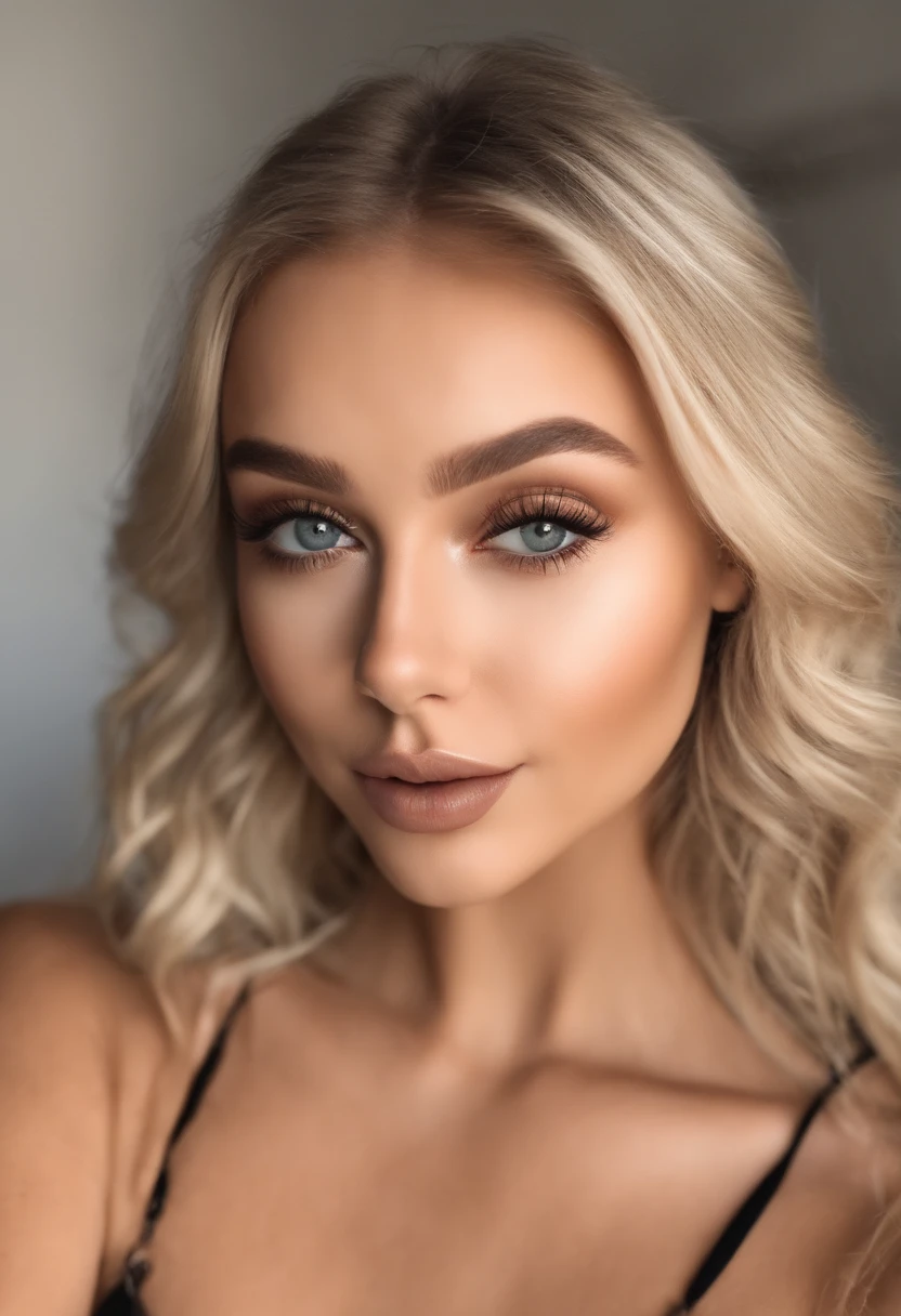fille sexy aux yeux bleus, Portrait Sophie Mudd, Portrait de Corinna Kopf, cheveux blonds et grands yeux, selfie of a young woman, ohne Maquillage, maquillage naturel, Look directly into the camera, Visage avec Artgram, dezentes Maquillage, Superbe photo du corps entier, dans la chambre, gros seins, Blonde, Latin