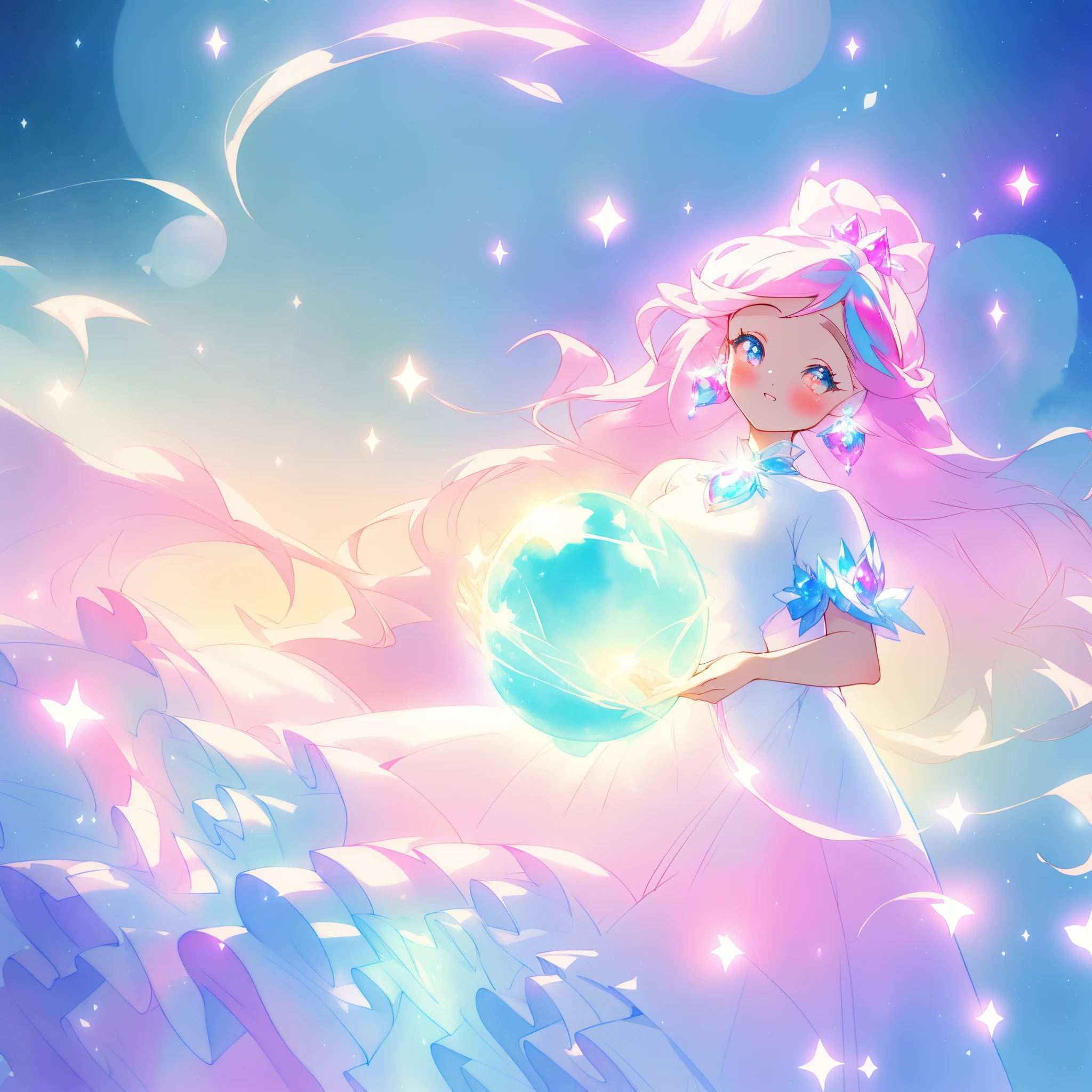 beautiful girl in sparkling white dress holding a magical sphere, ((sparkling puffy layered ballgown)), (magical, whimsical), (glowing magical orb), long flowing colorful hair, colorful fantasia background, watercolor illustration, disney art style, glowing aura around her, glowing lights, beautiful digital illustration, fantasia otherworldly landscape plants flowers, beautiful, masterpiece, best quality, anime disney style