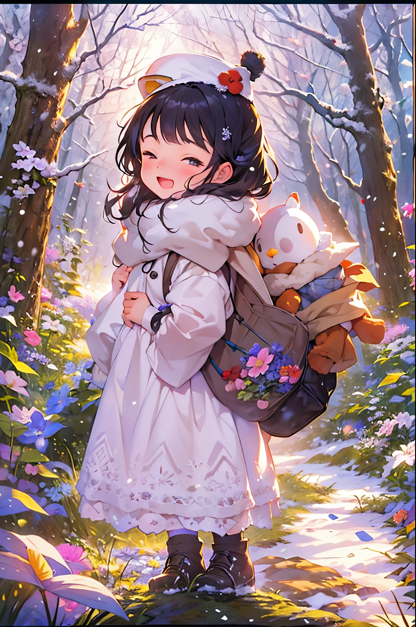 5-year-old girl happily builds snowman,snowflower,at winter season,Thick snow,footprints,Colorful,the setting sun,style of disney animation,disney animated movie style,((Best quality at best)), ((tmasterpiece)), Enhanced dynamic viewing angle,,flowers blooming,Cottage in the woods,glowing effect,ultra - detailed,Works of masters,high high quality,8K分辨率,depth of fields,电影灯光,epic shooting,high high quality,ultra - detailed,Detailed pubic hair,Accurate,电影灯光