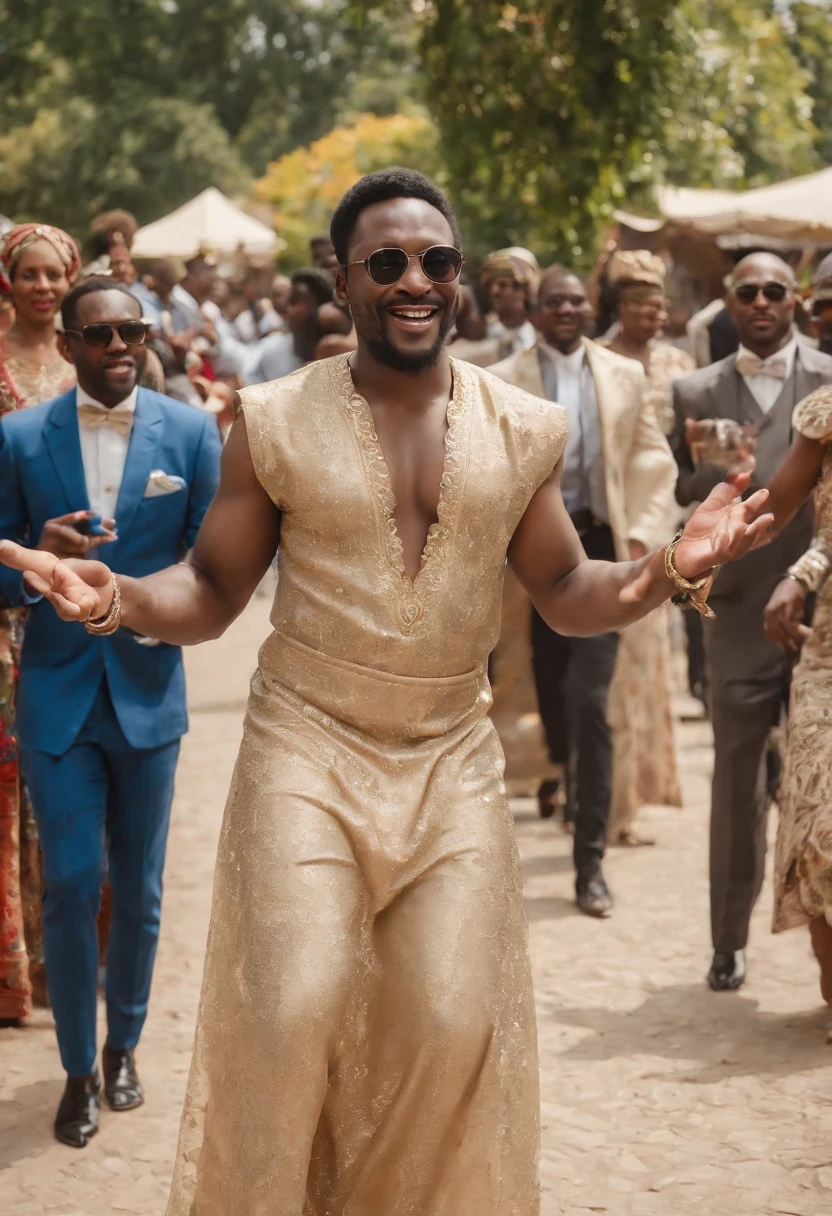 Adekunle is salsa dancing at a lively street party,original,Prince Adekunle Adebayo, a fictitious Nigerian royal, portrays himself with an aura of elegance and persuasive charm. He’s often seen in opulent, traditional Nigerian robes, his appearance crowned by a confident, yet earnest expression, designed to evoke trust and sympathy.