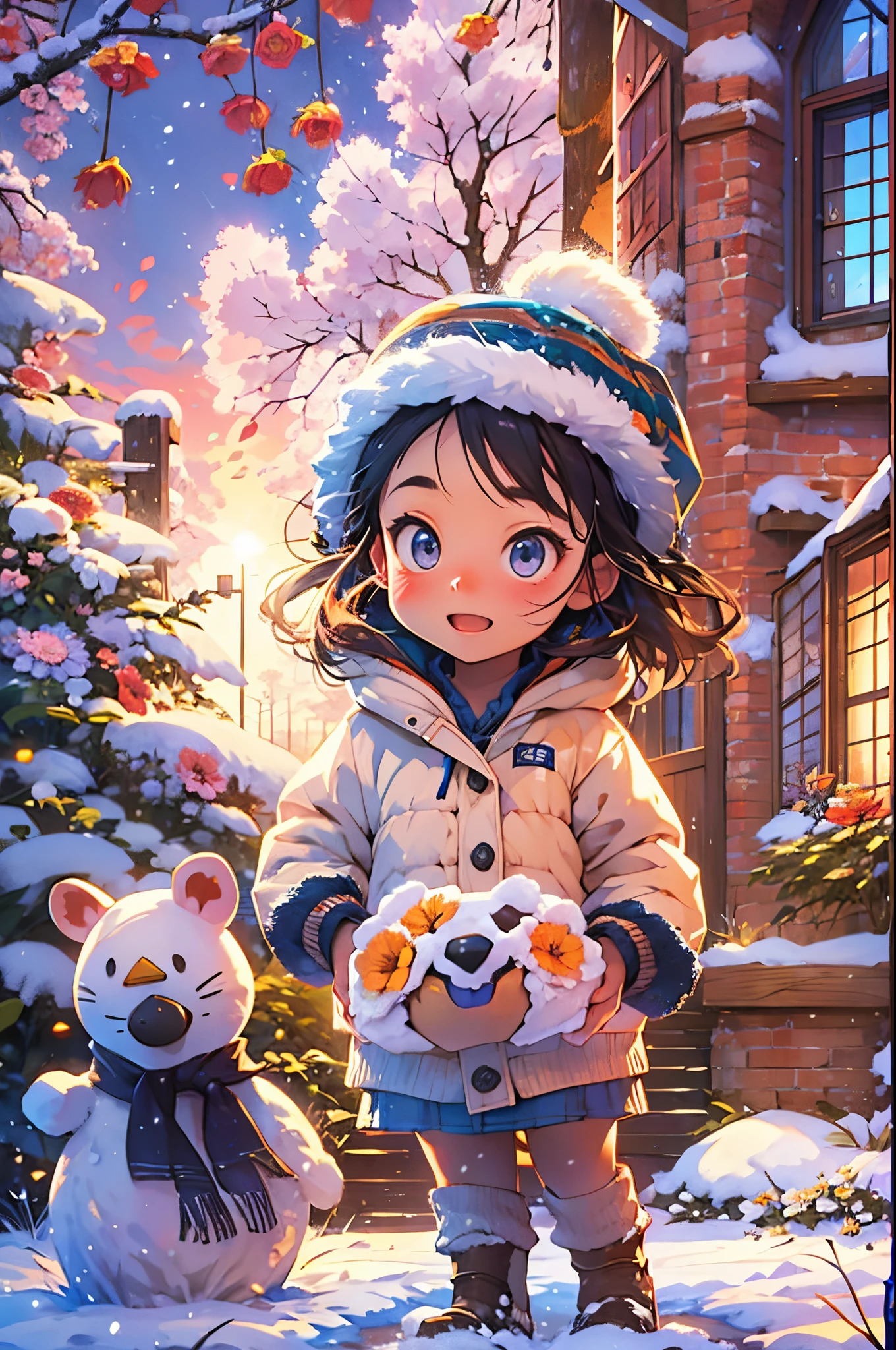 5--old l happily builds snowman,snowflower,at winter season,Thick snow,footprints,Colorful,the setting sun,style of disney animation,disney animated movie style,((Best quality at best)), ((tmasterpiece)), Enhanced dynamic viewing angle,,flowers blooming,Cottage in the woods,glowing effect,ultra - detailed,Works of masters,high high quality,8K分辨率,depth of fields,电影灯光,epic shooting,high high quality,ultra - detailed,Detailed pubic hair,Accurate,电影灯光