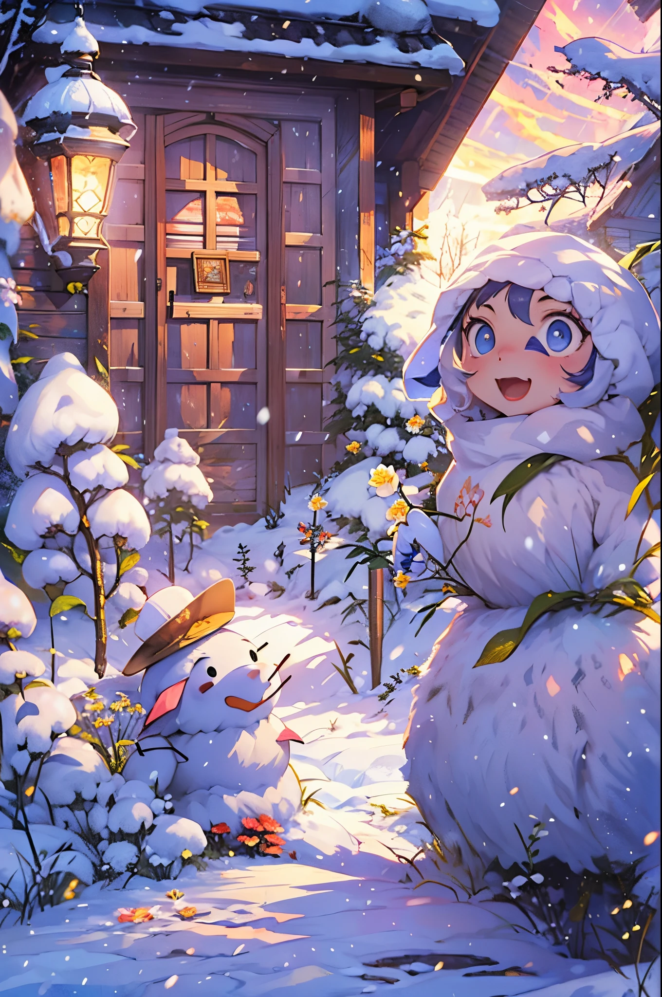 5-year-old girl happily builds snowman，snowflower，at winter season，Thick snow，footprints，Colorful，the setting sun，style of disney animation，disney animated movie style，（（Best quality at best））， （（tmasterpiece））， Enhanced dynamic viewing angle，，flowers blooming，Cottage in the woods，glowing effect，ultra - detailed，Works of masters，high high quality，8K分辨率，depth of fields，电影灯光，epic shooting，high high quality，ultra - detailed，Detailed pubic hair，Accurate，电影灯光