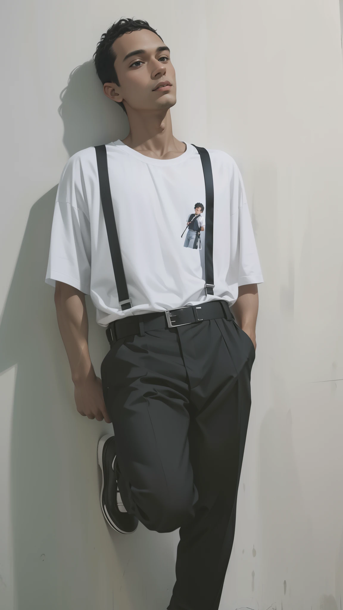 arafed man in white shirt and black pants leaning against a wall, full body picture, wearing pants and a t-shirt, suspenders, portrait full body, dressed in a white t shirt, [ digital art ]!!, realism artstyle, grainy low quality, dressed in a white t-shirt, full body portrait shot