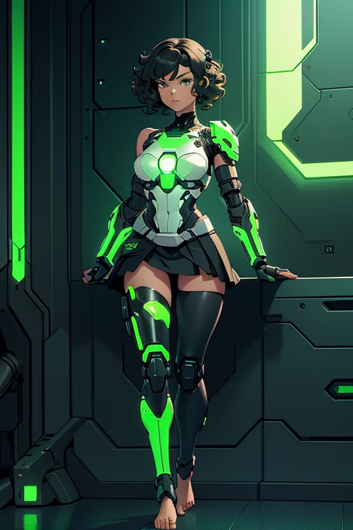 A beautiful, young, barefoot cyborg woman, wearing cybernetic technological black, green and white body armor with a skirt, prosthetic arms and legs , with short shoulder-length curly hair, in a futuristic room.
