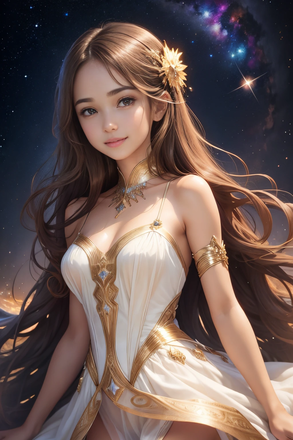 teen emma watson as a magical girl. tight intricate white suit. freckles, beautiful face, masterpiece, intricate detail. sitting. background cosmos. night.