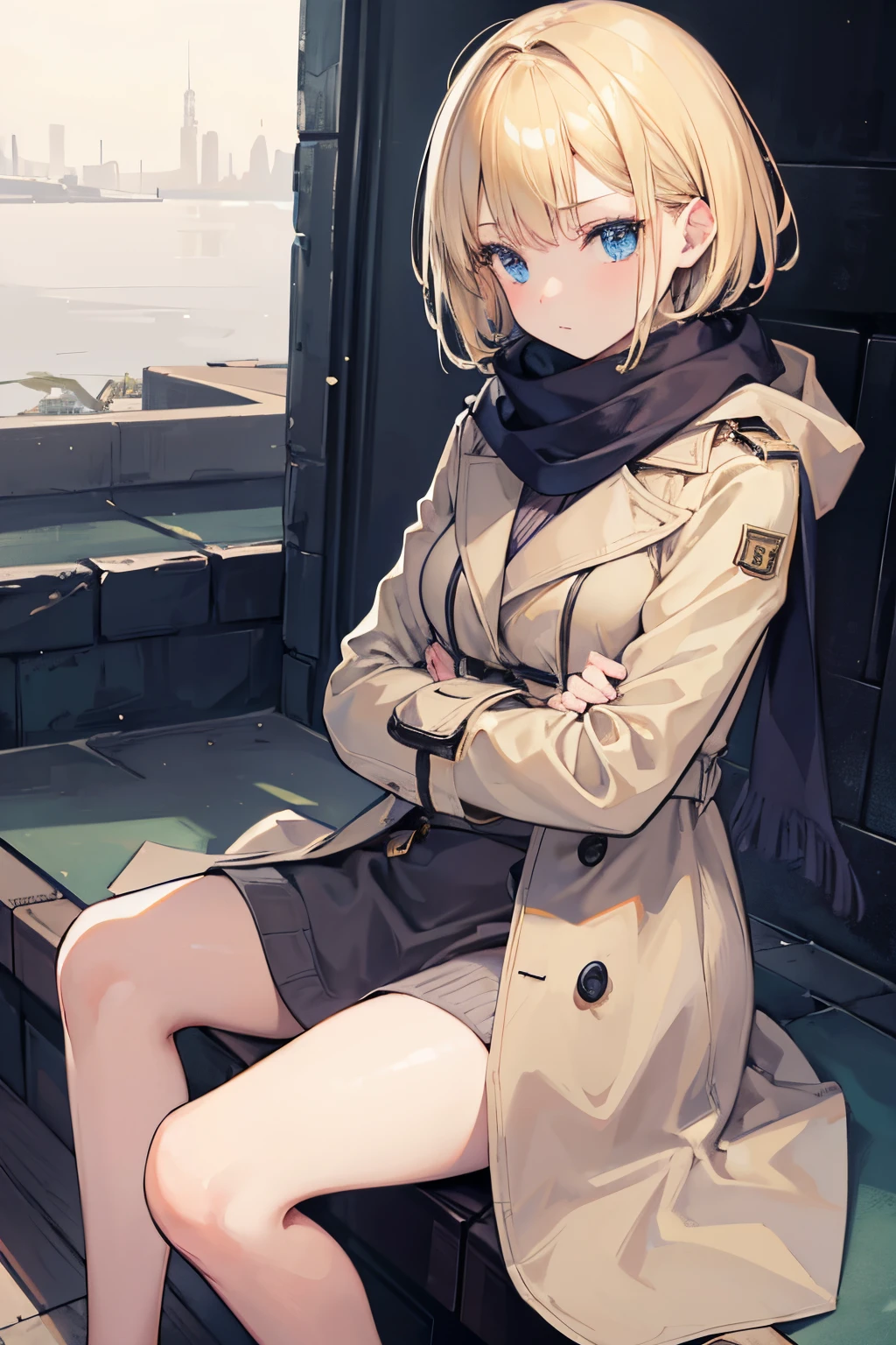Masterpiece, 1 girl, solo, short blond hair, trench coat, scarf, sitting crossed legged, chillerism