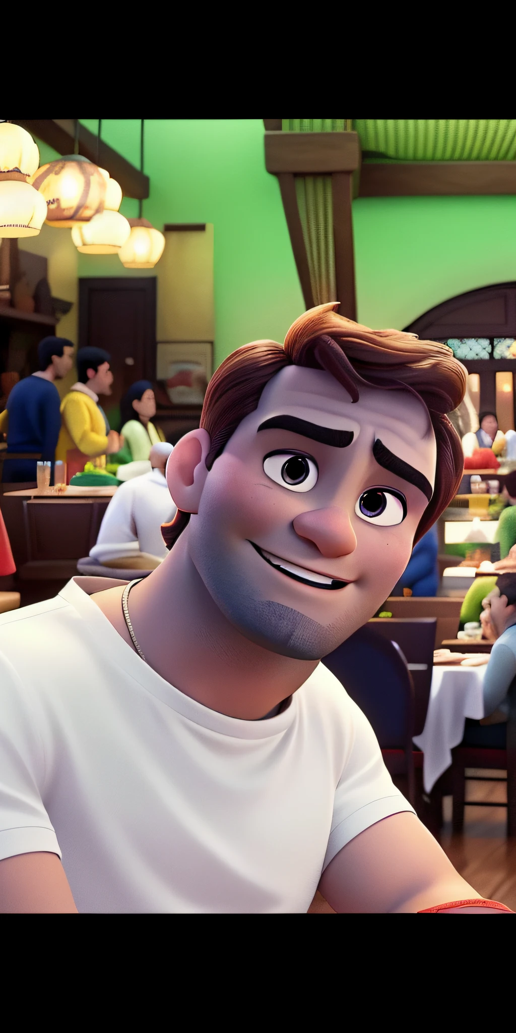 homem em um restaurante, igual aos filmes Disney Pixar