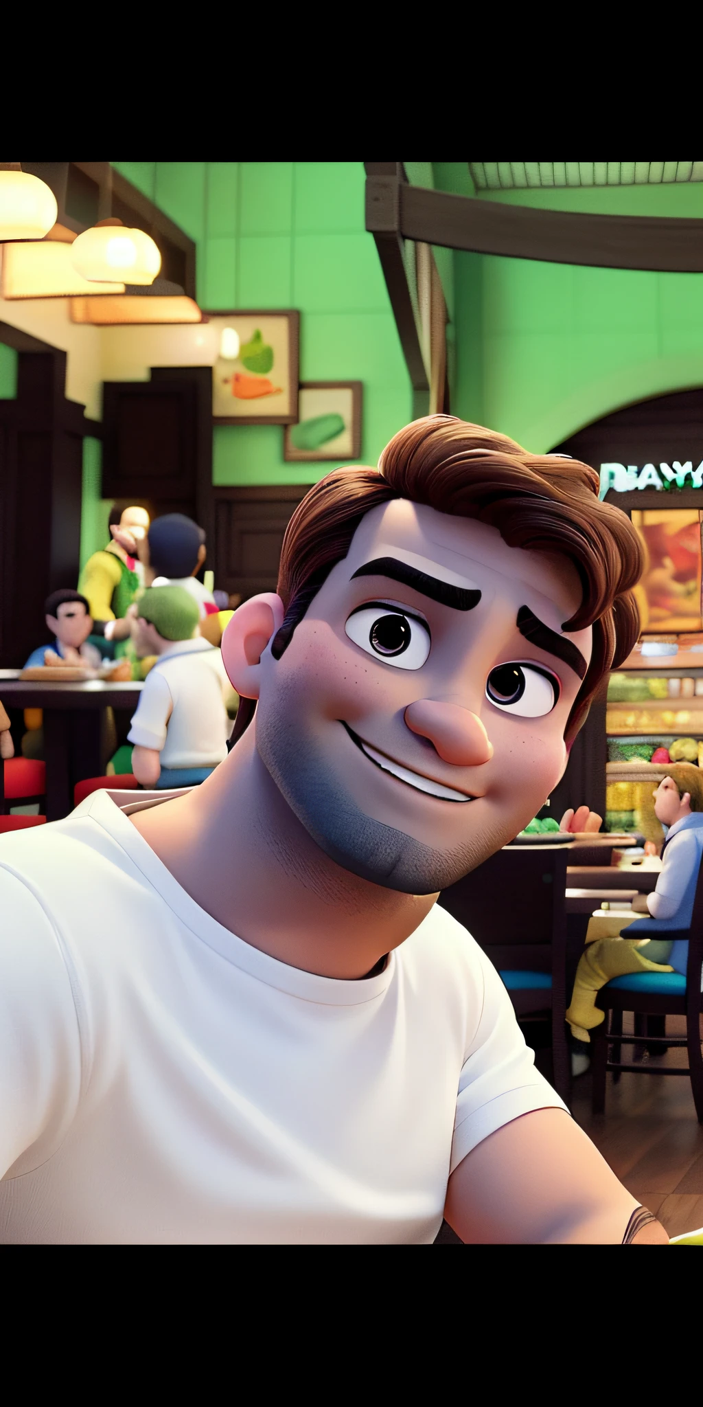 homem em um restaurante,  igual aos filmes Disney Pixar