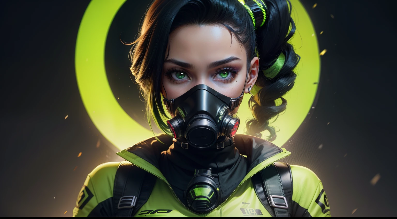 Disco duro, beautiful woman, Chica guapa con pelo negro con coletas y puntas verdes, He wears a gas mask with green details and wears a black protective suit with a high collar.., realista, sombra, luci, alta calidad, Arte digital, 8k