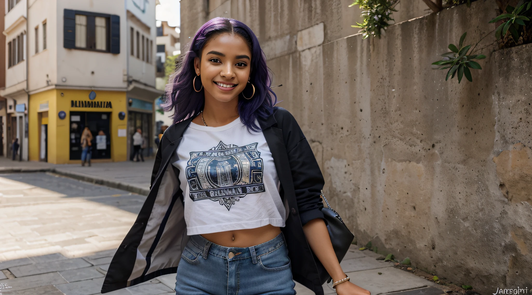 realismo, canon, canon, Ultra-Grande Angular, perspectiva, hiper-realismo, melhor qualidade, alta qualidade, detalhes altos Imagine uma pessoa confiante, jovem estudante negro brasileiro sorridente, com olhar determinado e sorriso radiante. Your deep eyes reflect a glow of resilience, and your skin exudes a healthy glow. Adorning her face are subtle piercings and dainty earrings., enhancing its unique beauty. Seu cabelo afro, uma mistura vibrante de rosa e azul, cria uma aura alegre. Completing his look is a cap adorned with medieval-inspired engravings., offering a contemporary and differentiated touch. In terms of clothing, Ela usa uma manga curta, Light shirt with artistic medieval prints, perhaps inspired by coats of arms or tapestries. The colorful shirt perfectly combines medieval aesthetics with modern fashion. abaixo, ela usa jeans justos, providing a contemporary aesthetic and comfort for your university activities. standingn, She wears colorful and comfortable sneakers, facilitating easy movement around the university campus. Enquanto ela caminha, a backpack adorned with buttons and patches reflecting her academic and personal interests accompanies her. Em resumo, the model incorporates a unique fusion of contemporary elements such as colored hair, moda urbana, e detalhes medievais, representing an authentic expression of your identity within the university environment.