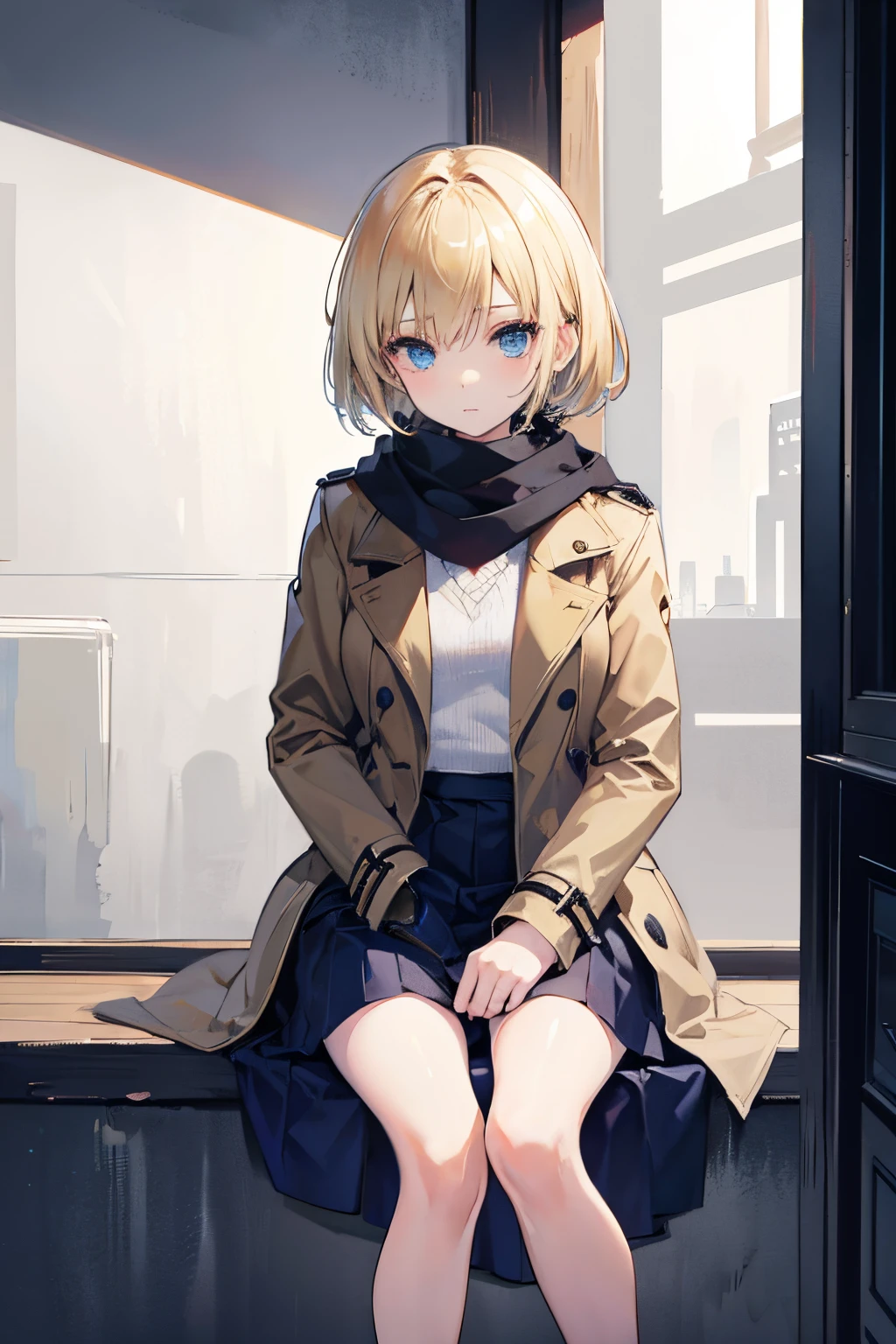 Masterpiece, 1 girl, solo, short blond hair, trench coat, scarf, sitting crossed legged, chillerism