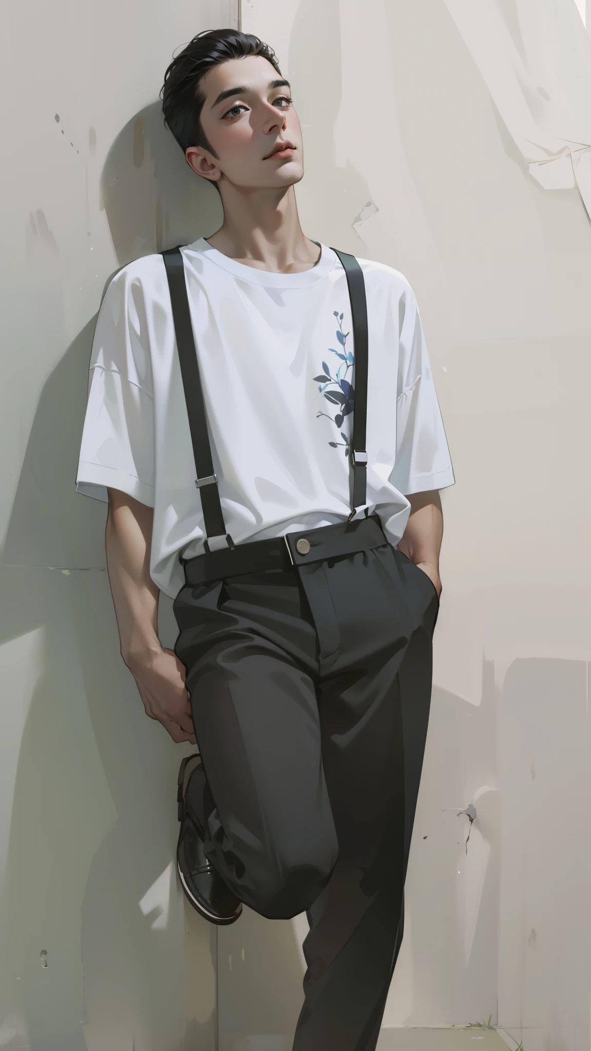 arafed man in white shirt and black pants leaning against a wall, full body picture, wearing pants and a t-shirt, suspenders, portrait full body, dressed in a white t shirt, [ digital art ]!!, realism artstyle, High quality, dressed in a white t-shirt, full body portrait shot
