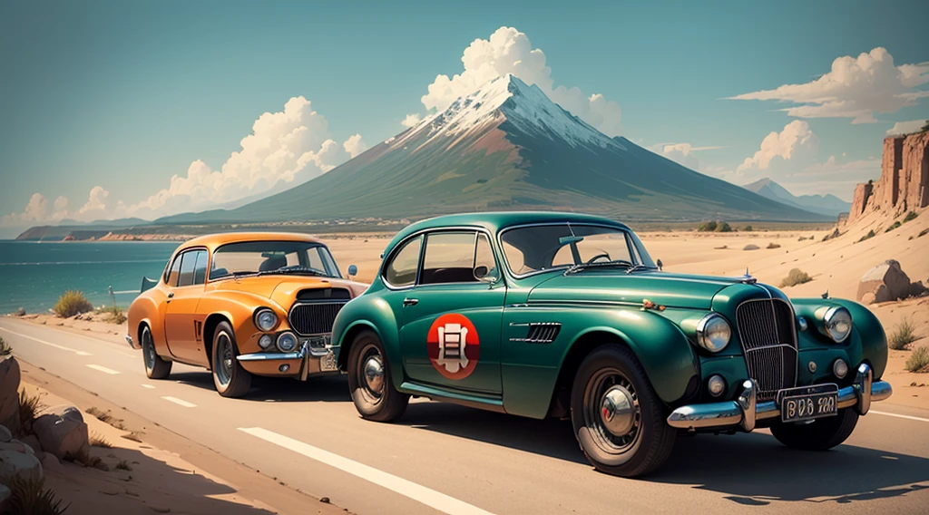 T-shirt design, Графика Genshin Impact, Vector, vintage car with picturesque landscape in the background, Detailed Illustration, & Retro Style