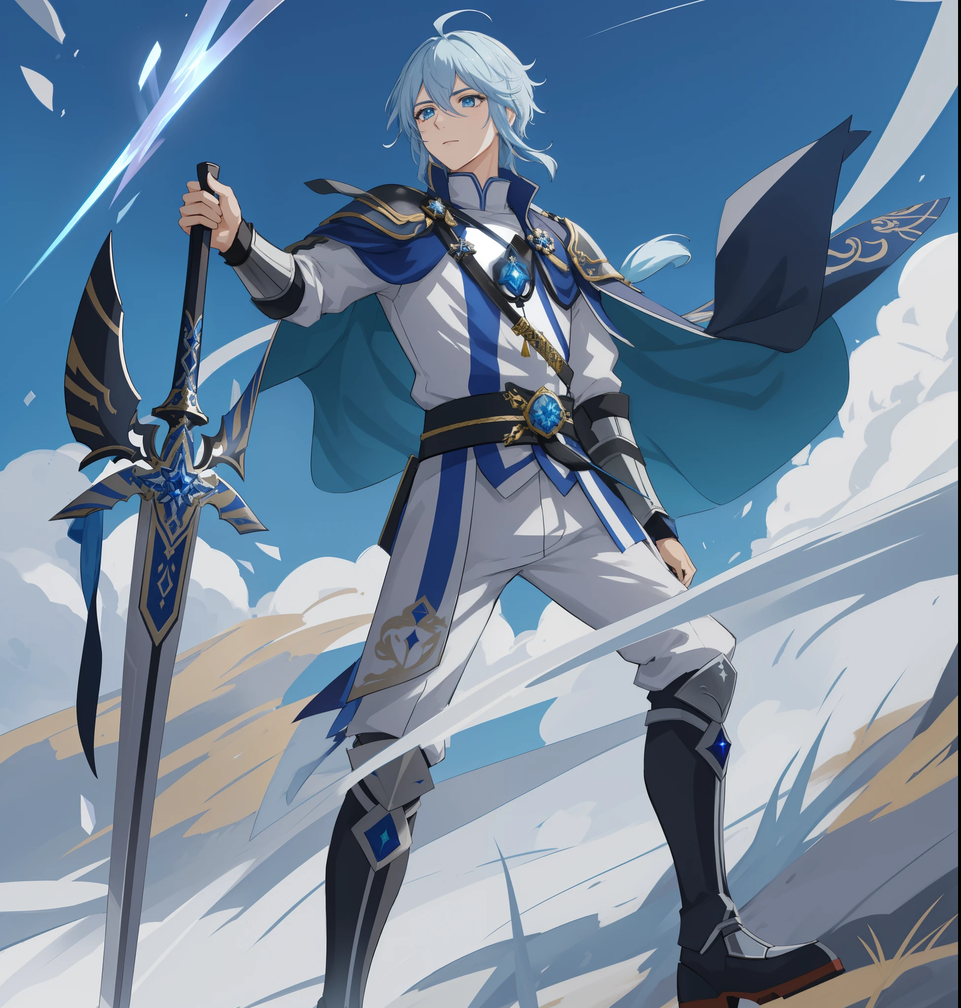 Anime character with sword and shield standing on a mountain, Keqing de Genshin Impact, full portrait of magical knight, armadura azul e prata gelo, cara de anime alto com olhos azuis, hero 2 d fanart artsation, Personagem Genshin Impact, pale blue armor, olhos grandes e detalhados, adicionar muitos detalhes, texturas, textura na pele, sombra e luz, OLHAR confiante, olhar forte, rosto malvado, homem confiante, corajoso