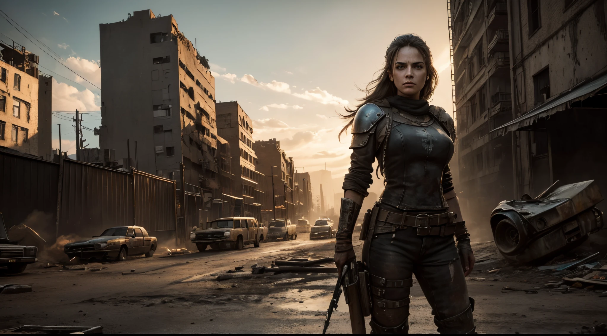 The image of a woman from the post-apocalypse, raider, dirty clothes, dirty head, Ruins of New York, Mad Max Style, ((Best Quality)), ((Masterpiece)), Detailed soft oil painting, Detailed background, dramatic cinematic lighting, Soft illumination of the edges, Professional, dramatic  lighting, hard edge lighting, ultra quality, 4k,(mastery, Best Quality, 8K, ultra highres, hight resolution:1.4), Extremely detailed