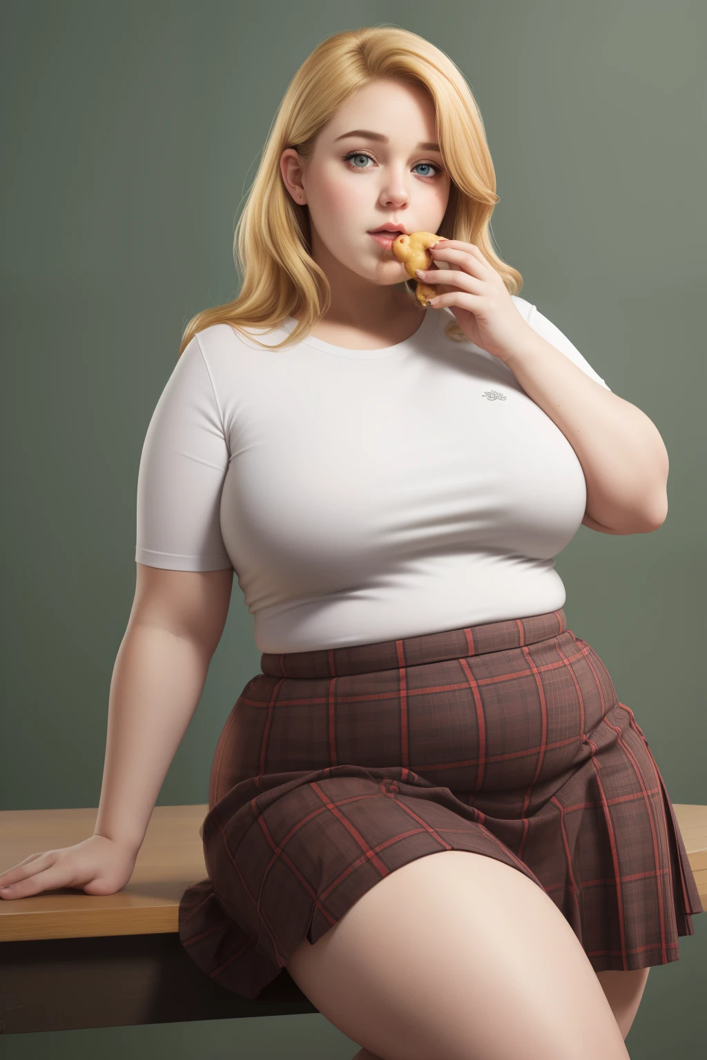 Woman, blonde, 25 years, sitting at table, eating a lot of junk food, bloated belly, shorts, chubby, gaining weight, realistic, perfect, beautiful, playing with belly, stuffing belly, fat, double chin, fat rolls, eating food, pigging out, slob