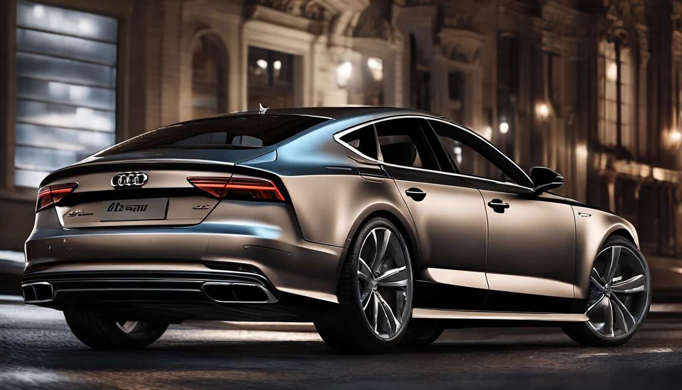 (Best Quality,4k,8K,hight resolution,Masterpiece:1.2),Ultra-detailed,(Realistic,Photorealistic,photo-realistic:1.37),Modern Audi A7:1.2, shiny body:1.1,modern design,chrome finish,royal blue color, reflective surface:1.1,well maintained engine,smooth ride:dreamy,Leather seats,Wood panels,stereo system,delicate craftsmanship:1.1,clear headlights:1.1,Smooth lines:elegant,Street in the background,Urban setting,city lights:1.1,night driving experience,Tinted glass,Meticulous detailing,Stylish appearance,luxury car:1.1