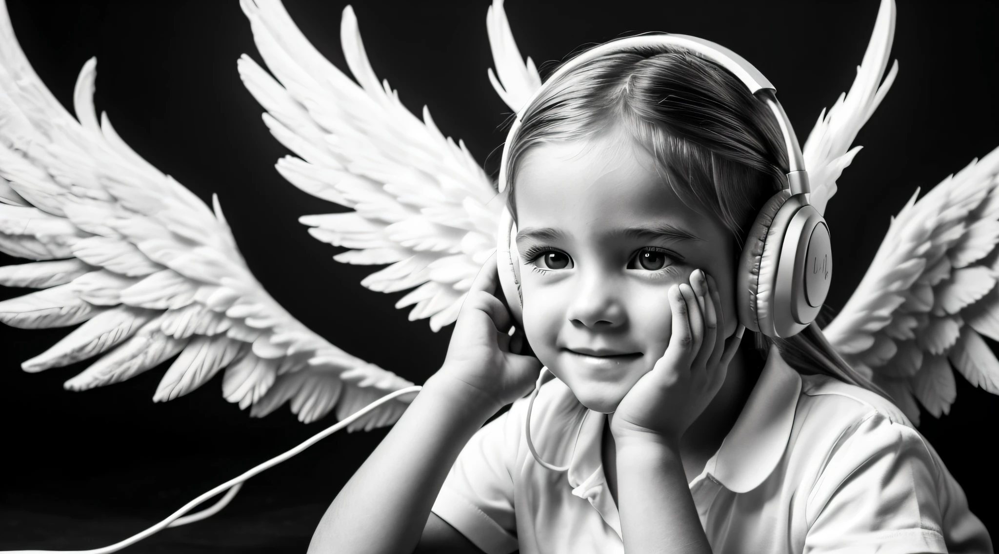 uma foto em black and white de uma CHILD blonde with headphones, ANGEL WINGS BURNING, with hands on face.