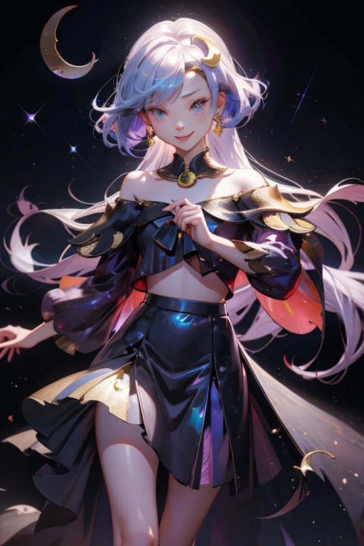 ((Best Quality, masutepiece, absurderes, Hyper-Resolution))
1girl in, Gentle, Elegant, Smiling, Open mouth, Small fangs, Small Devil, Looking at Viewer,
Let'break out'dance with you, reach out to viewer, BREAK flowing sparkling hair, Jewelry Accessories, flowing translucent skirt, Off-shoulder cutout tops with lace BREAK
(detailed crescent moon:1.5), (krystal, Holographic, prisma:1.3)