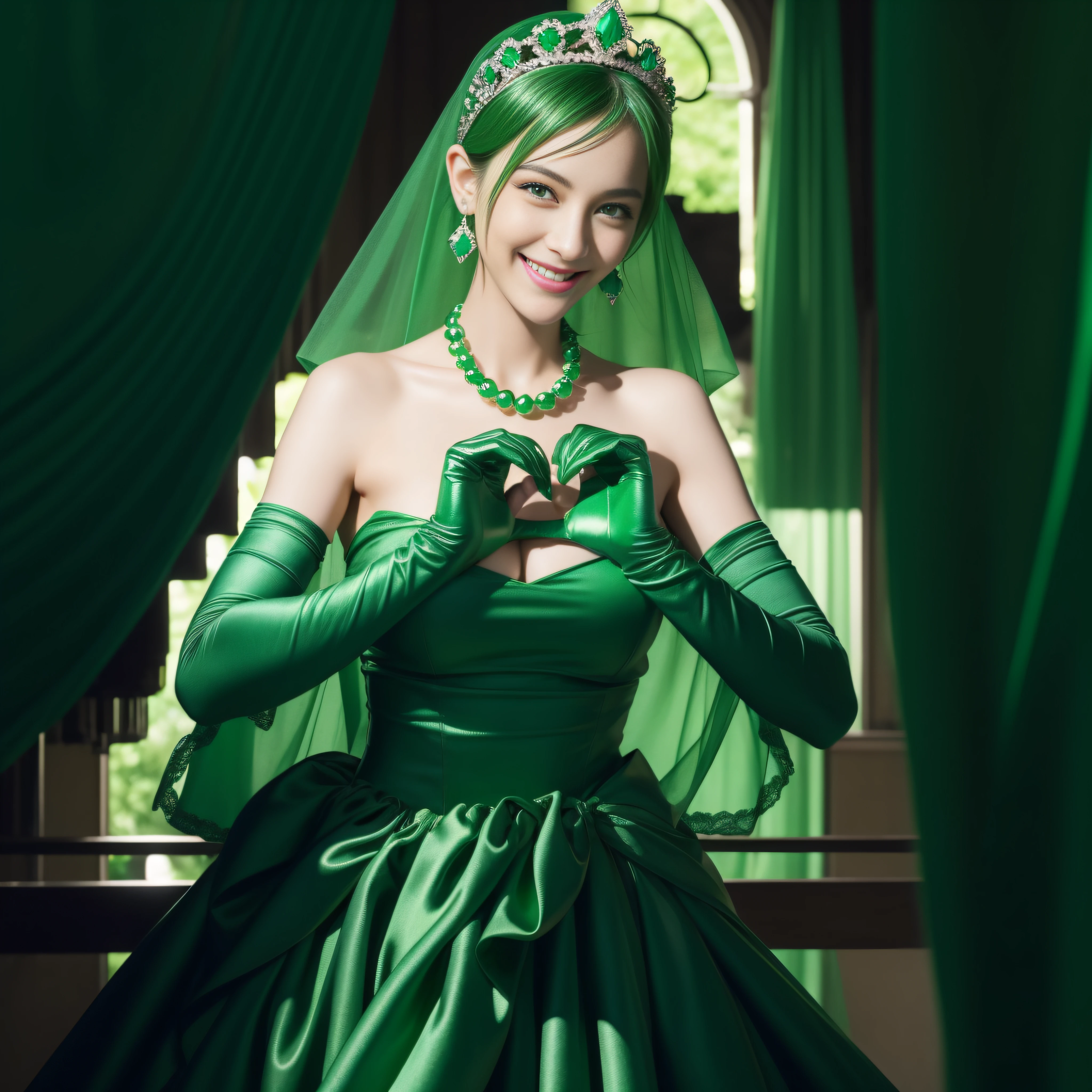 emerald tiara, Green Pearl Necklace, Boyish very short green hair, lipsticks, Japan woman smiling, very short short hair, big breasts beautiful, Green eyes, Long green gloves made of satin material, Green eyes, Emerald Earrings, green vale, Heart with both hands