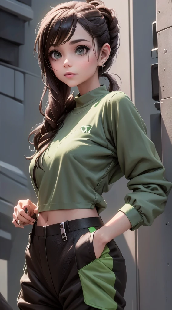 araffe girl in a green shirt and brown pants posing for a picture, a digital rendering inspired by Rei Kamoi, trending on cg society, graffiti, futuristic fashion clothing, cyberpunk fashion clothing, cyberpunk style outfit, cyberpunk fashion clothes, futuristic clothing, biopunk futuristic wardrobe, cypherpunk fashion illustration, futuristic clothes, cyberpunk clothes, fashionable rpg clothing