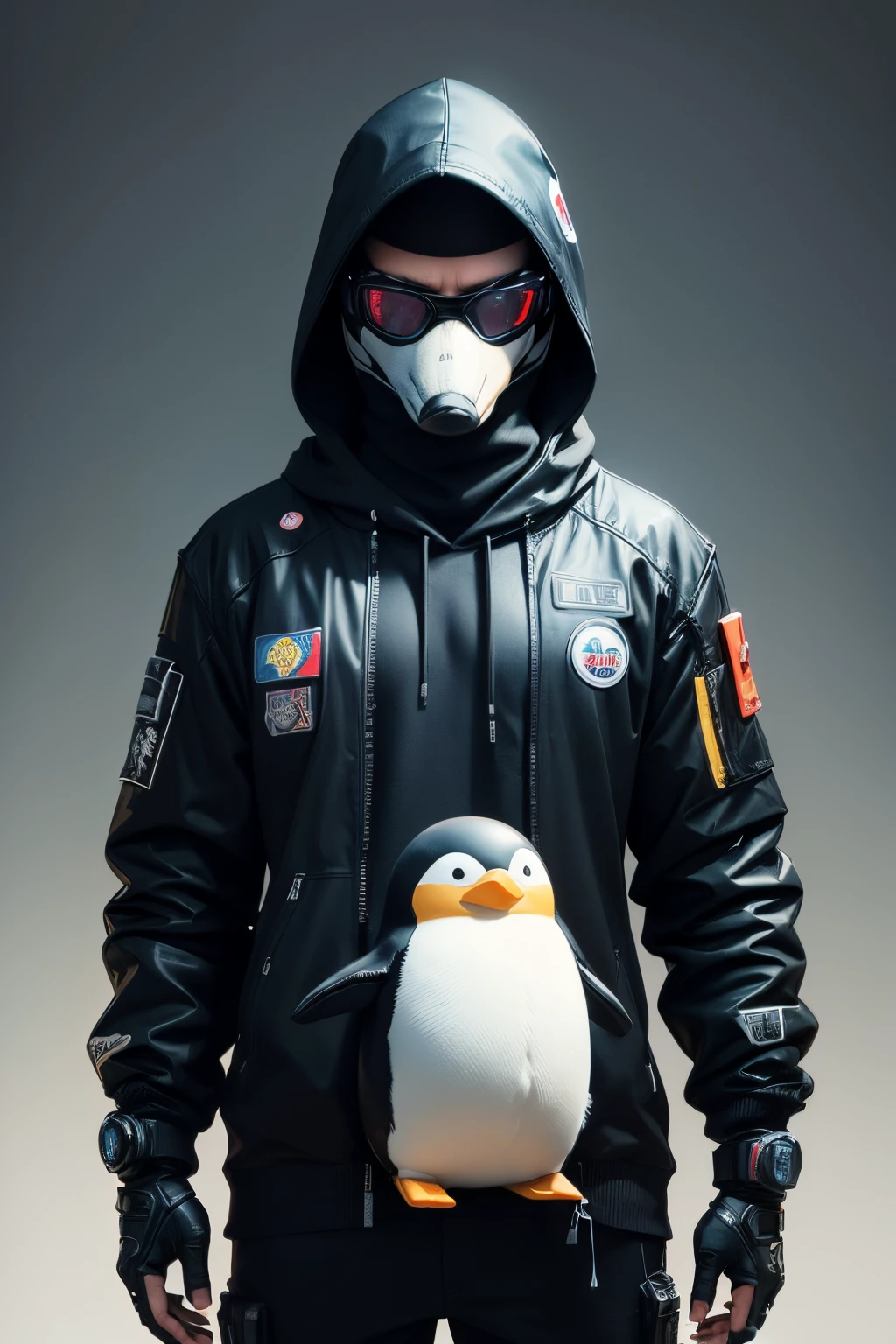 ((a sticker))、simple background、concept-art、sots art、Anthropomorphic penguins、Wearing cyberpunk clothes、Cinematic lighting、A hyper-realistic、Top image quality、masterpiece