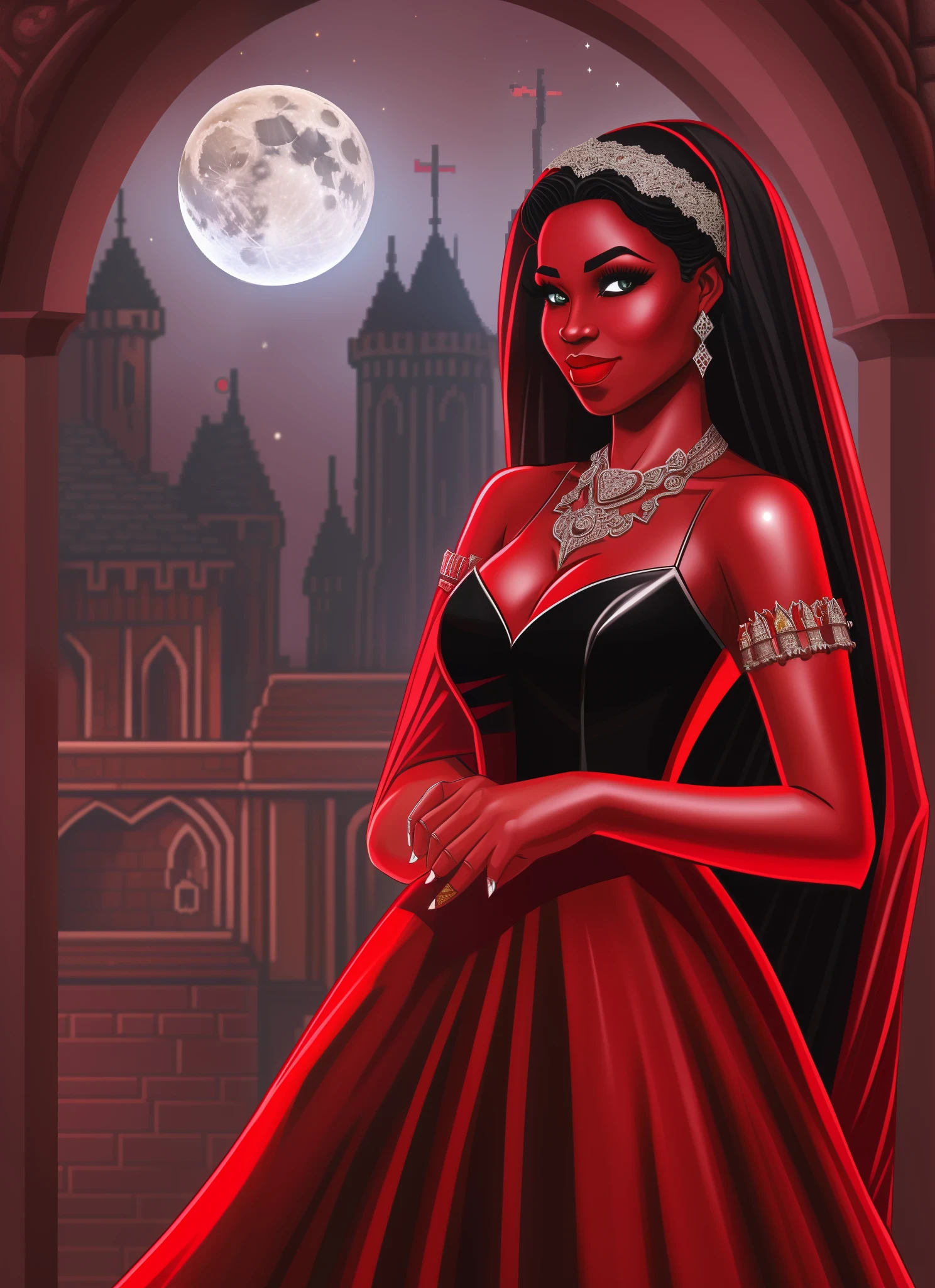 a vampire bride in a red dress, dark skin, red lips, full moon, dark night, medieval castle, pixel art. --auto --s2