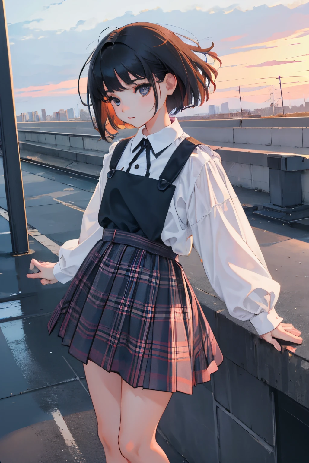 (child:1.2),(masterpiece,Highest Quality),plaid skirts,A dark-haired,Medium bob,The wind is blowing,On the rooftop,Rain sky