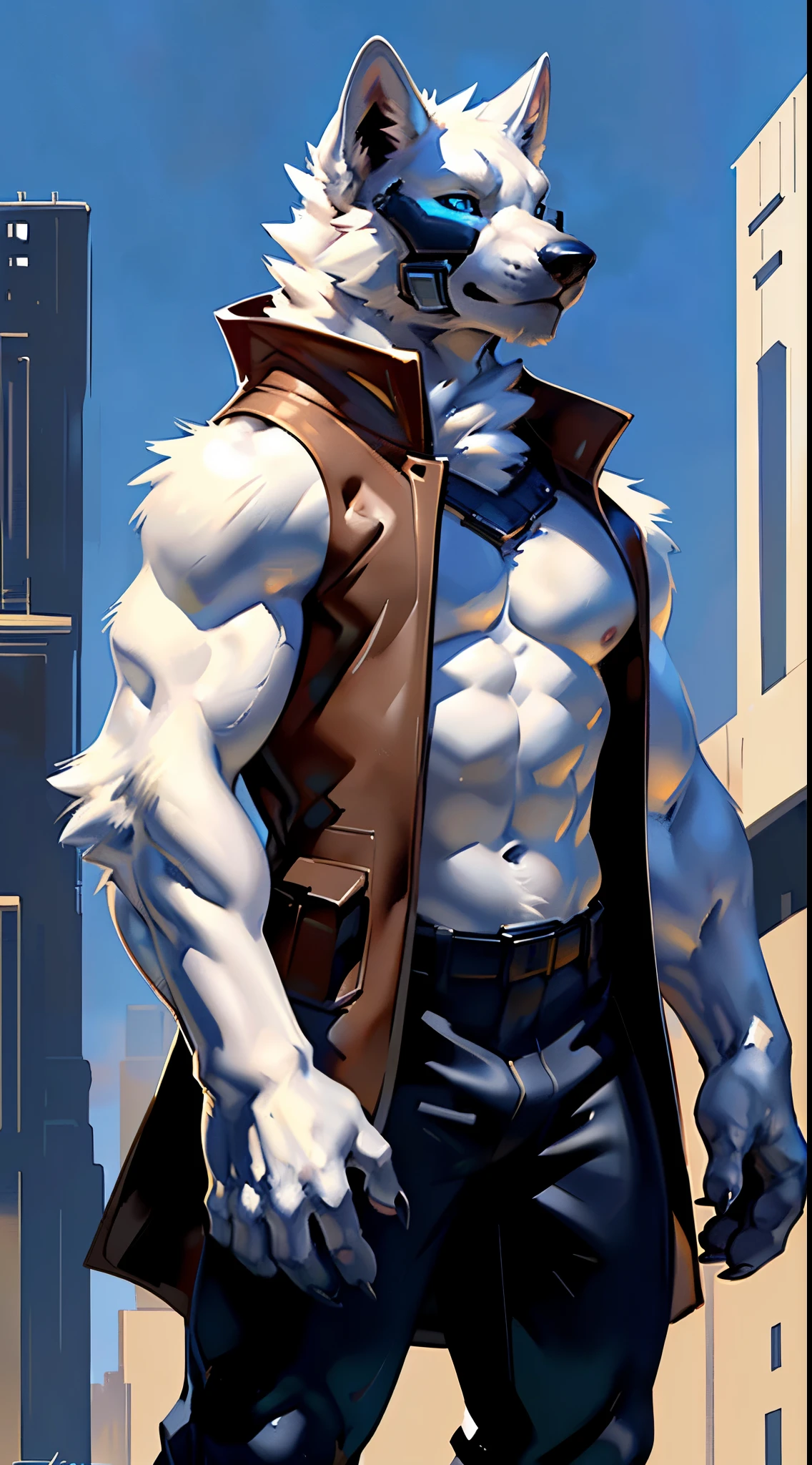 (full height) anthro:1.2 white wolf, posing for the camera. 4k, high resolution, best quality, perfect colors, perfect shadows, perfect lighting, posted on e621, furry body, anthro white wolf, white wolf, solo, male, adult, masculine, (skinny:2 build:1.4, strong pecs), bare paws, correct anatomy, white fur (white:1 fur, detailed fur, epic, masterpiece:1.2), (detailed blue eyes:1.2), ((brown:1 futuristic high tech white cloths, white:1-brown vest, coat)), dark pants (futuristic city background), (by mesh, by Taran Fiddler, by takemoto arashi, by Traver009, by Juiceps)