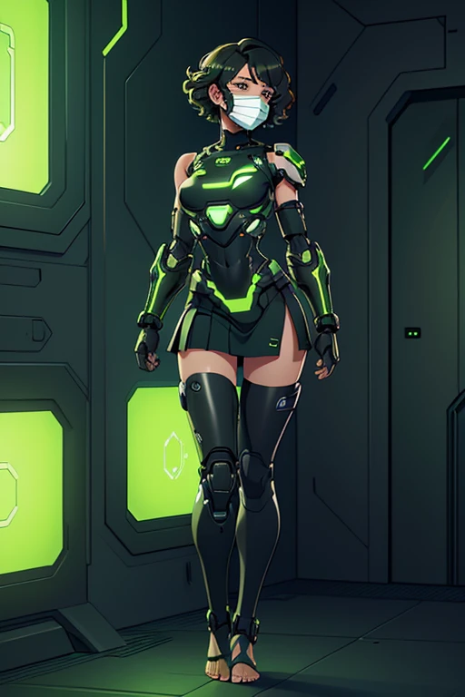 A beautiful, young, barefoot cyborg woman, wearing cybernetic technological black, green and white body armor with a skirt, prosthetic arms and legs and a facemask , with short shoulder-length curly hair, in a futuristic room.