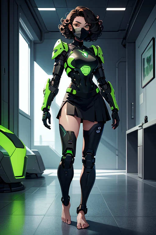 A beautiful, young, barefoot cyborg woman, wearing cybernetic technological black, green and white body armor with a skirt, prosthetic arms and legs and a facemask , with short shoulder-length curly hair, in a futuristic room.
