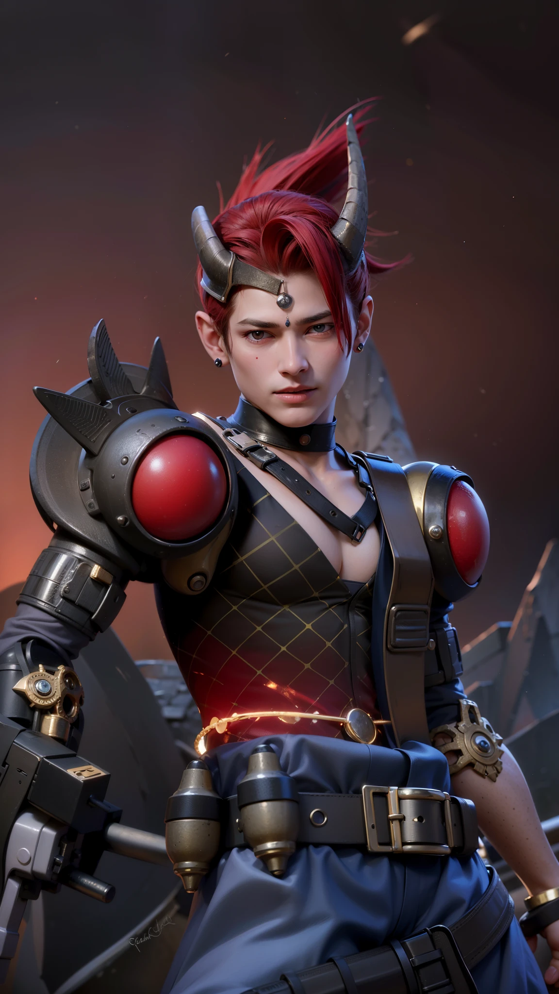 masculine male, masterpiece, ((perfect eyes)) best quality, (semirealism:1.9), beautiful lighting, (extremely detailed CG unity 4k fhd wallpaper), High Detail, Sharp focus, dramatic outdoors, 1 boy ,19 years old, white hair, light purpel eyes, smile, Boy with two big horns, big earrings on ears, elf ear, red eyes, Thick eyebrows, evil smile, grinning,red body, red face, Burning skin, yellow diamonds glistening on chest, burning red skin,golden robe behind, big white belt , 8k , realistic, scary,