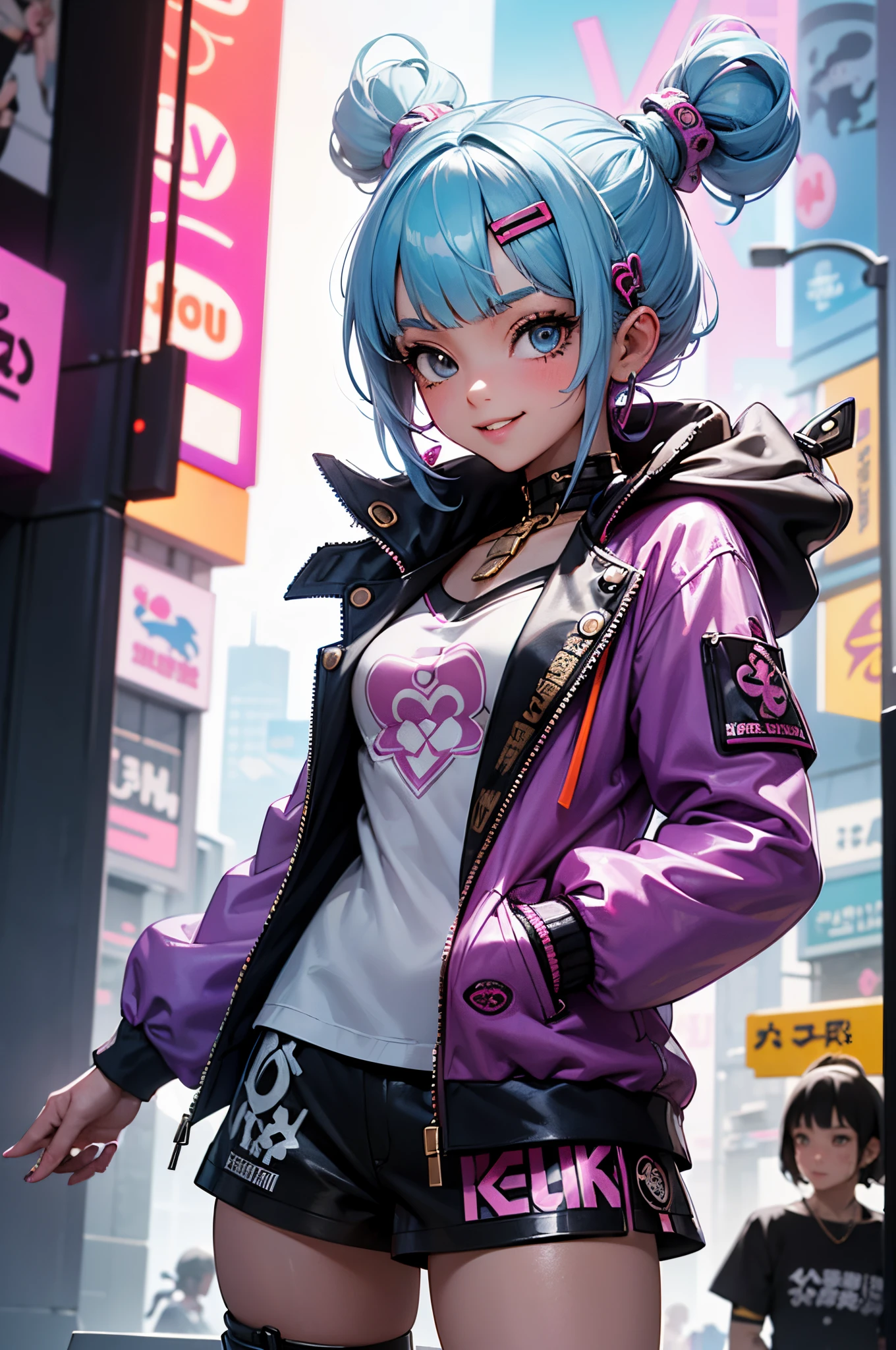 Anime masterpiece, best quality, (((smiling teenaged cyberpunk girl ((wearing detailed Harajuku tech jacket)), (((Harajuku cyberpunk clothing)))), (bold colors and patterns), eye-catching accessories, trendy and innovative hairstyle))), (cowboy shot), ((insane detail)), dazzling Cyberpunk cityscape, skyscrapers, glowing neon signs, (LED lights), anime illustration, detailed skin texture, detailed cloth texture, beautiful detailed face, intricate details, ultra detailed, strong contrast, colorful, dynamic pose.