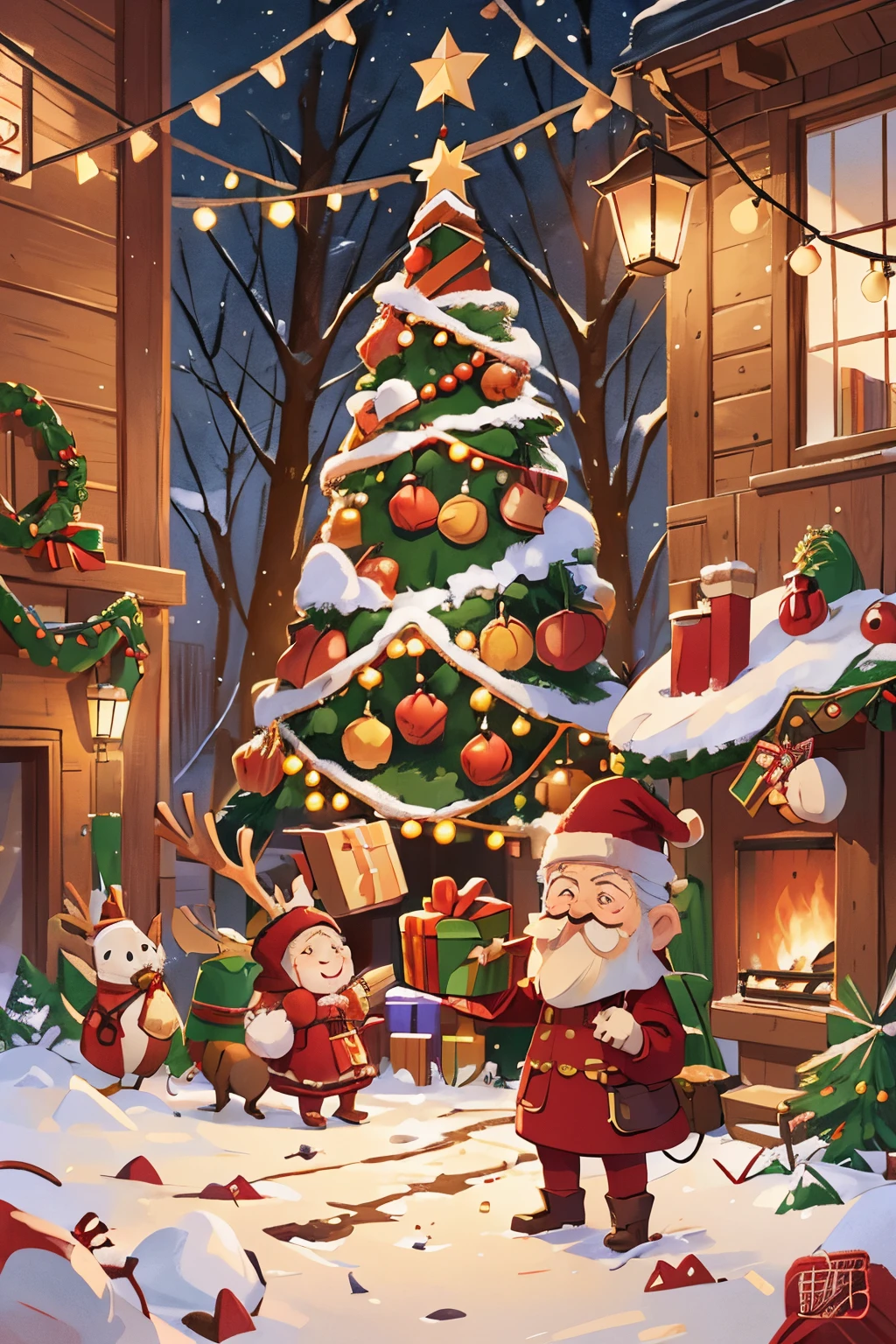 A kind old man,Wearing red coat and hat,White beard and smiling facial expression,Santa Claus holding a big bag or gift box,Filled with various exquisite gifts,Such as toys、Confectionery、Books etc.,There can be a gorgeous Christmas tree in the picture,It's full of lanterns、Various decorations and gifts,Falling snowflakes can be added to the picture,Add a winter feel to the scene。Can depict some happy children,Excitement surrounding Santa Claus and gifts,Looking forward to receiving their favorite gifts。Use warm colors,Such as red、green and gold,To create a warm holiday atmosphere,You can picture Santa Claus entering the house through the chimney,One of the elements that symbolizes Christmas traditions。You can add some curious animals to the picture,like a reindeer or a bird,Watching Santa Claus delivering gifts。
