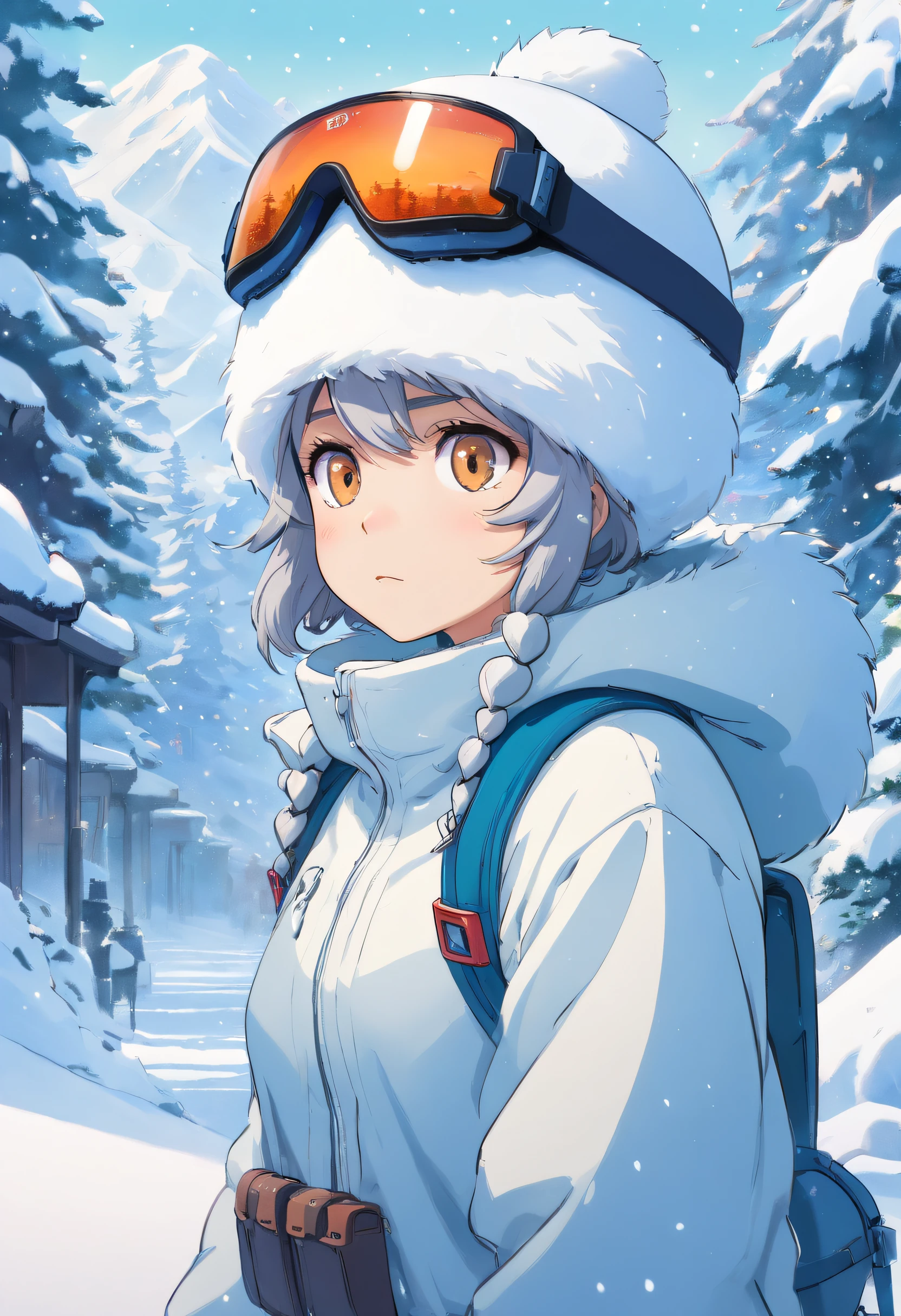 Uma personagem feminina em meio ao caos de um ataque DDOS, your eyes hidden behind a snow-covered visor. She remains resolute in a dystopian world where pandemonium unfolds before her. This work of art combines the unique styles of cartoon and realism, retratando uma personagem com uma viseira coberta de neve que obscurece seus olhos, emphasizing the obscured vision and the world in turmoil. Tiro de snowboard, gelo, nevasca