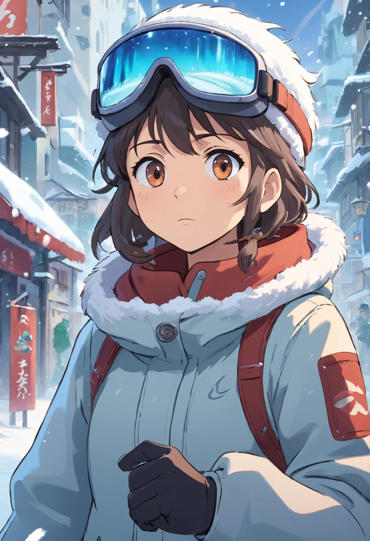 A female character amidst the chaos of a DDOS attack, her eyes concealed behind a snow-covered visor. She stands resolute in a dystopian world where pandemonium unfolds before her. This artwork combines the unique styles of cartoons and realism, portraying a character with a snow-covered visor that obscures her eyes, emphasizing the obscured vision and the world in turmoil. Snowboarding shot, ice, Snowstorm