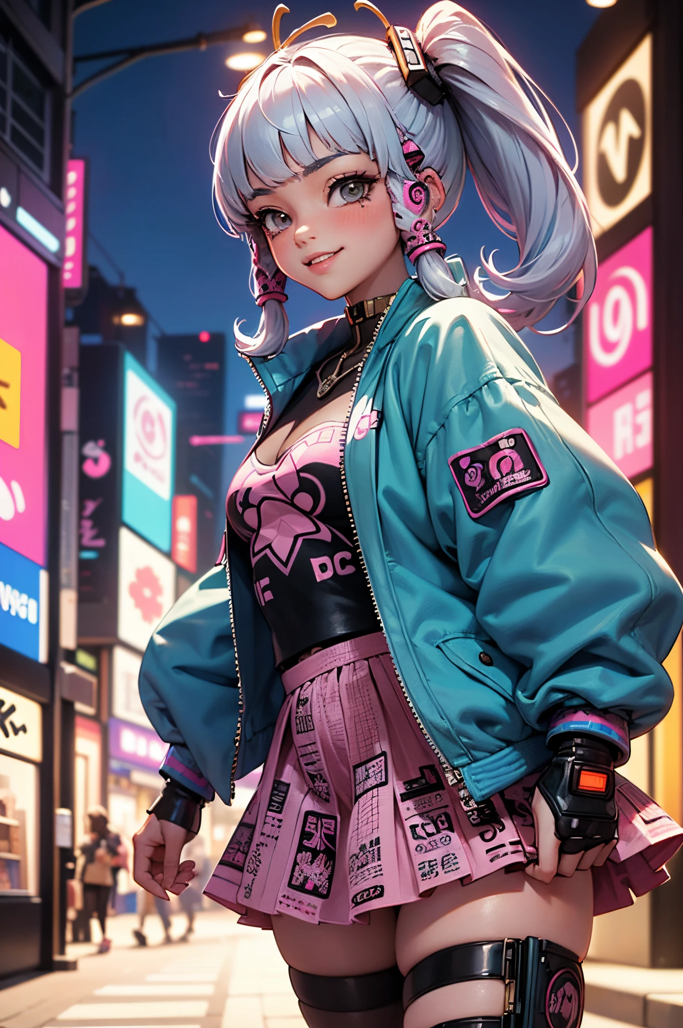 Anime masterpiece, best quality, (((laughing aged cyberpunk girl ((wearing detailed Harajuku tech jacket)), (((Harajuku cyberpunk clothing)))), (bold colors and patterns), eye-catching accessories, trendy and innovative hairstyle))), (cowboy shot), ((insane detail)), dazzling Cyberpunk cityscape, skyscrapers, glowing neon signs, (LED lights), anime illustration, detailed skin texture, detailed cloth texture, beautiful detailed face, intricate details, ultra detailed, strong contrast, colorful.